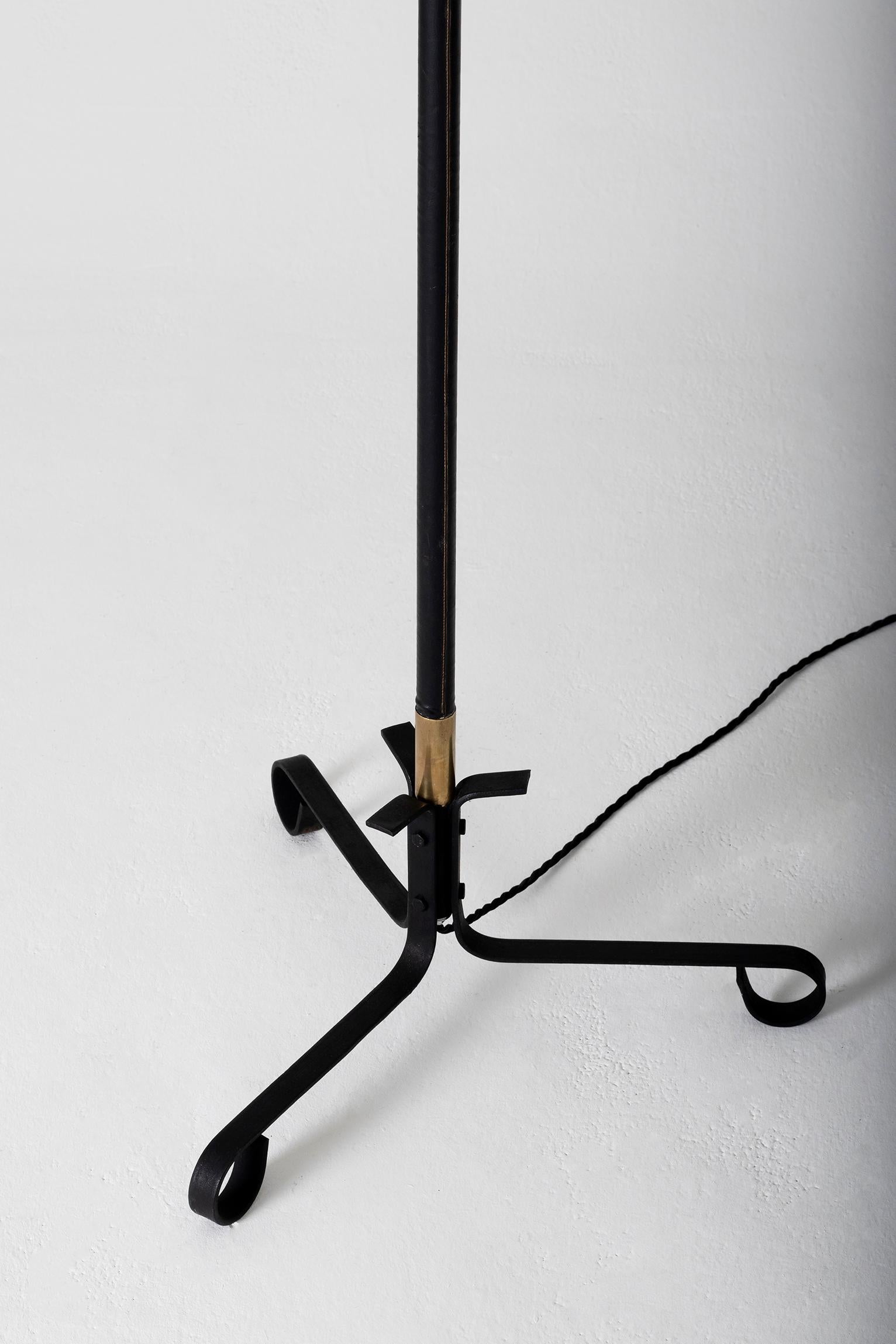 French Mid-Century Black Leather and Brass Floor Lamp