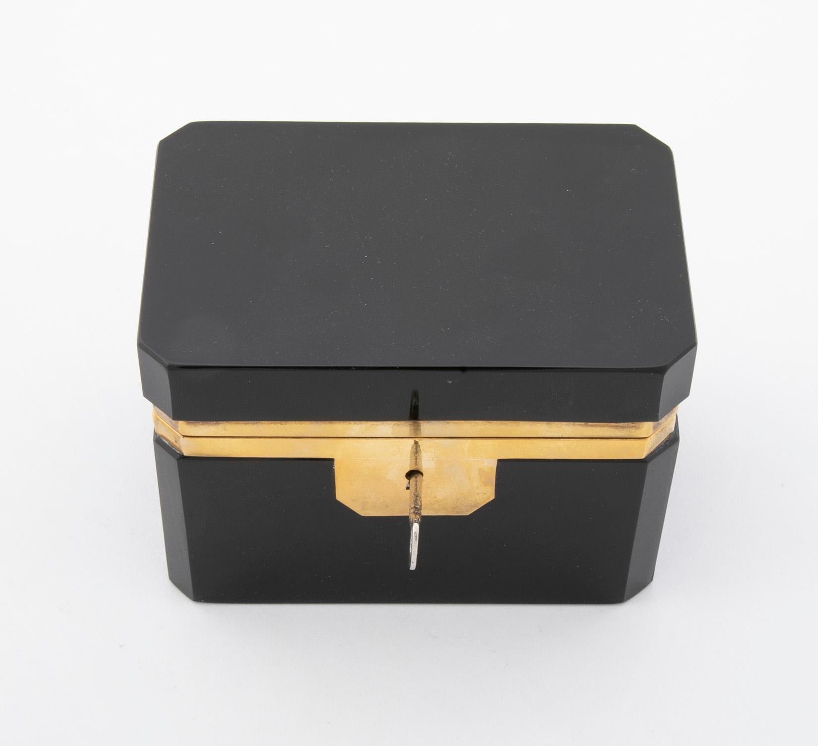 Mid-Century Modern Midcentury Black Opaline Glass Box with Original Key
