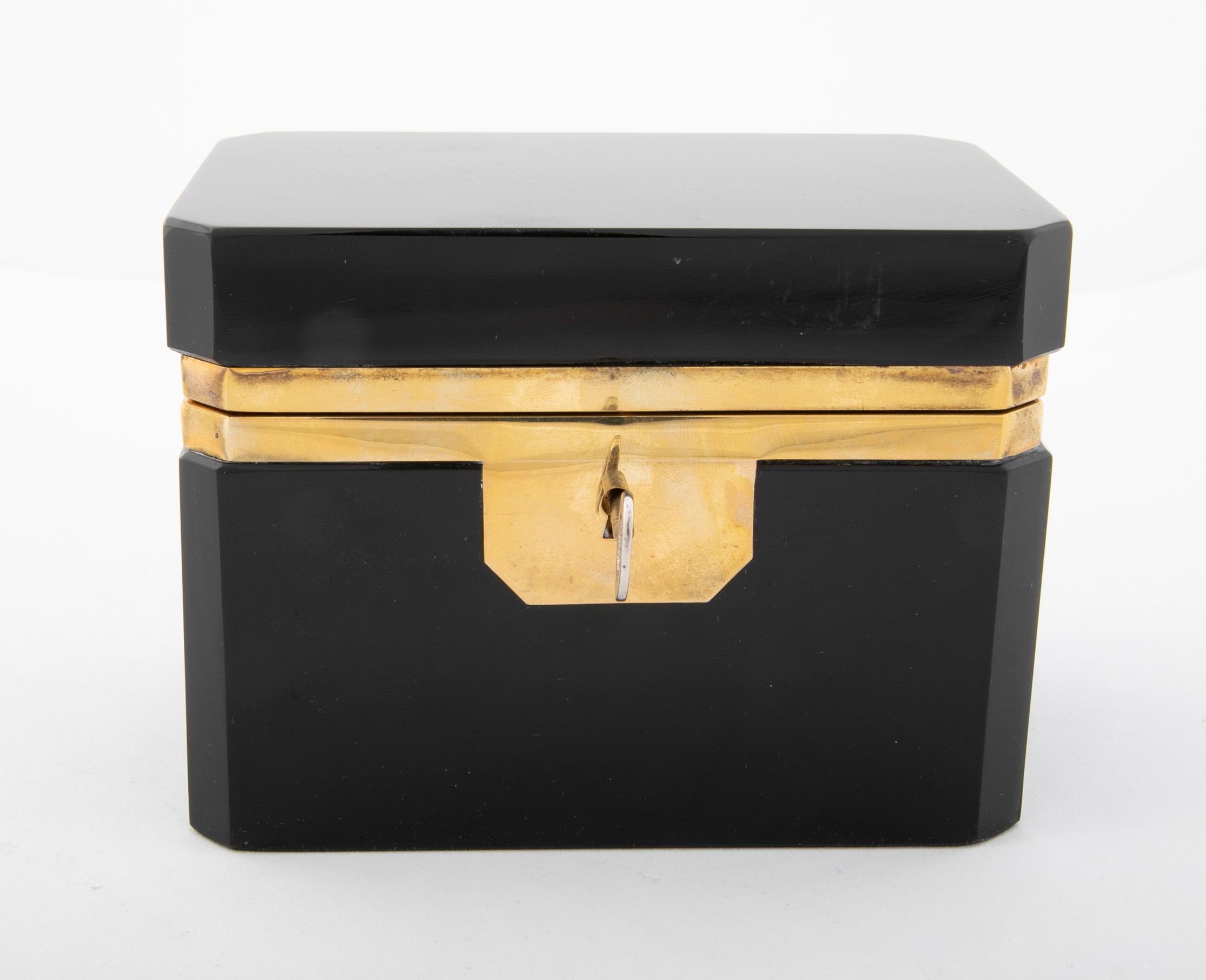 French Midcentury Black Opaline Glass Box with Original Key