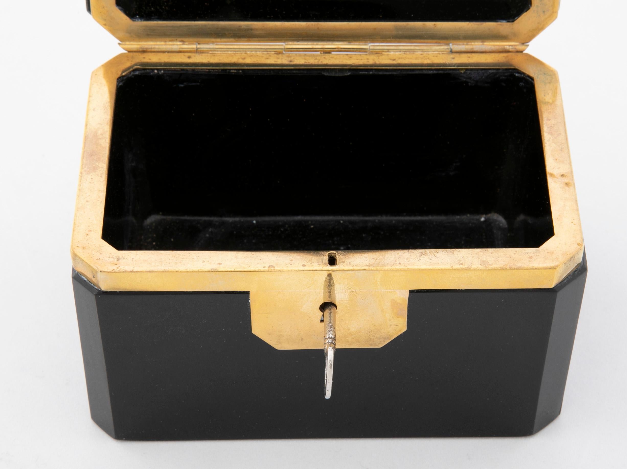 20th Century Midcentury Black Opaline Glass Box with Original Key