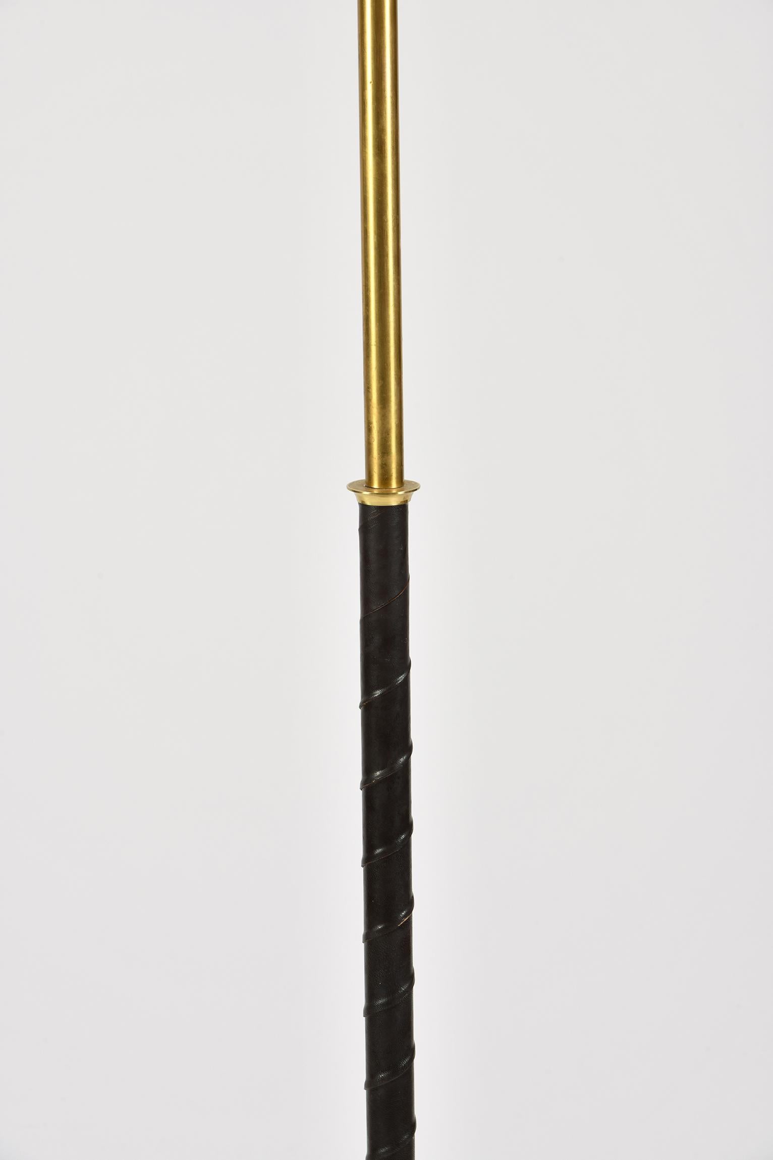 Swedish Midcentury Brass and Black Leather Floor Lamp
