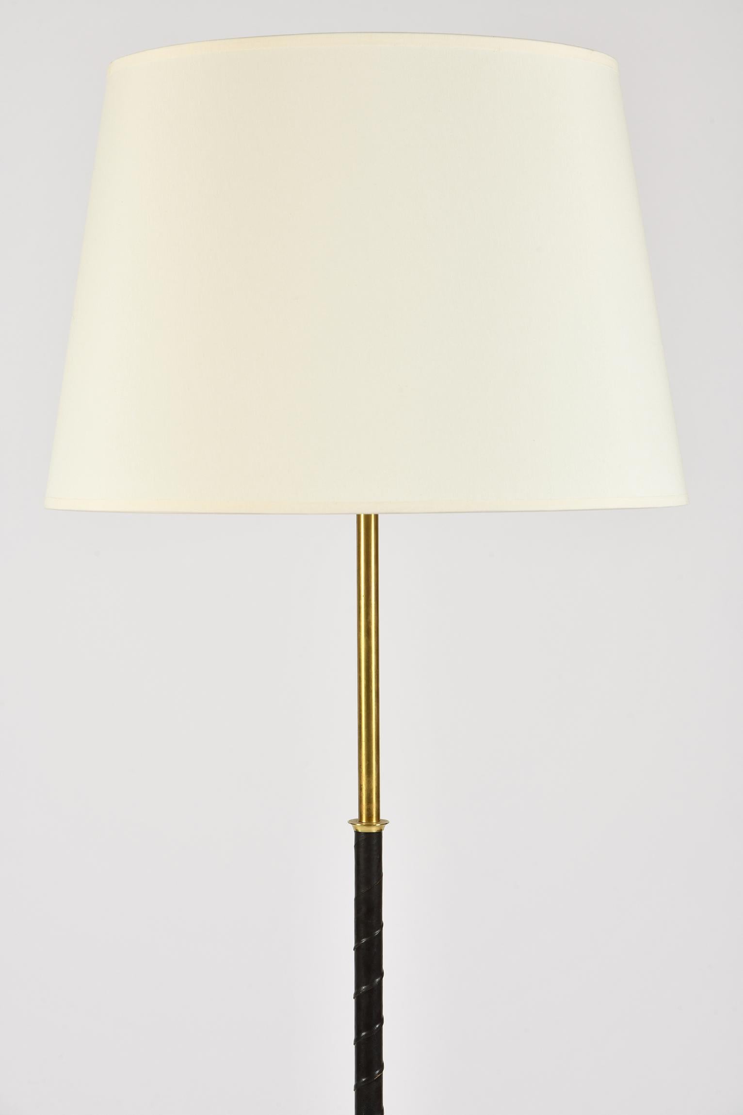 Midcentury Brass and Black Leather Floor Lamp In Good Condition In London, GB