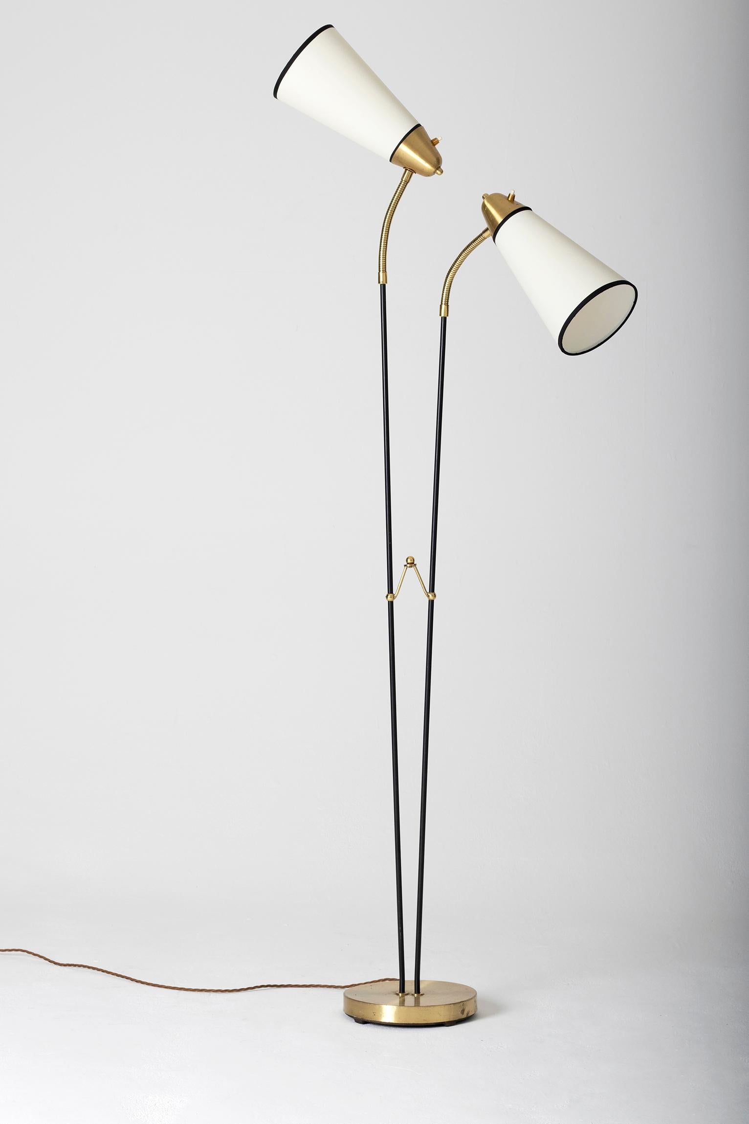 Mid-Century Modern Midcentury Brass and Black Two-Arm Floor Lamp