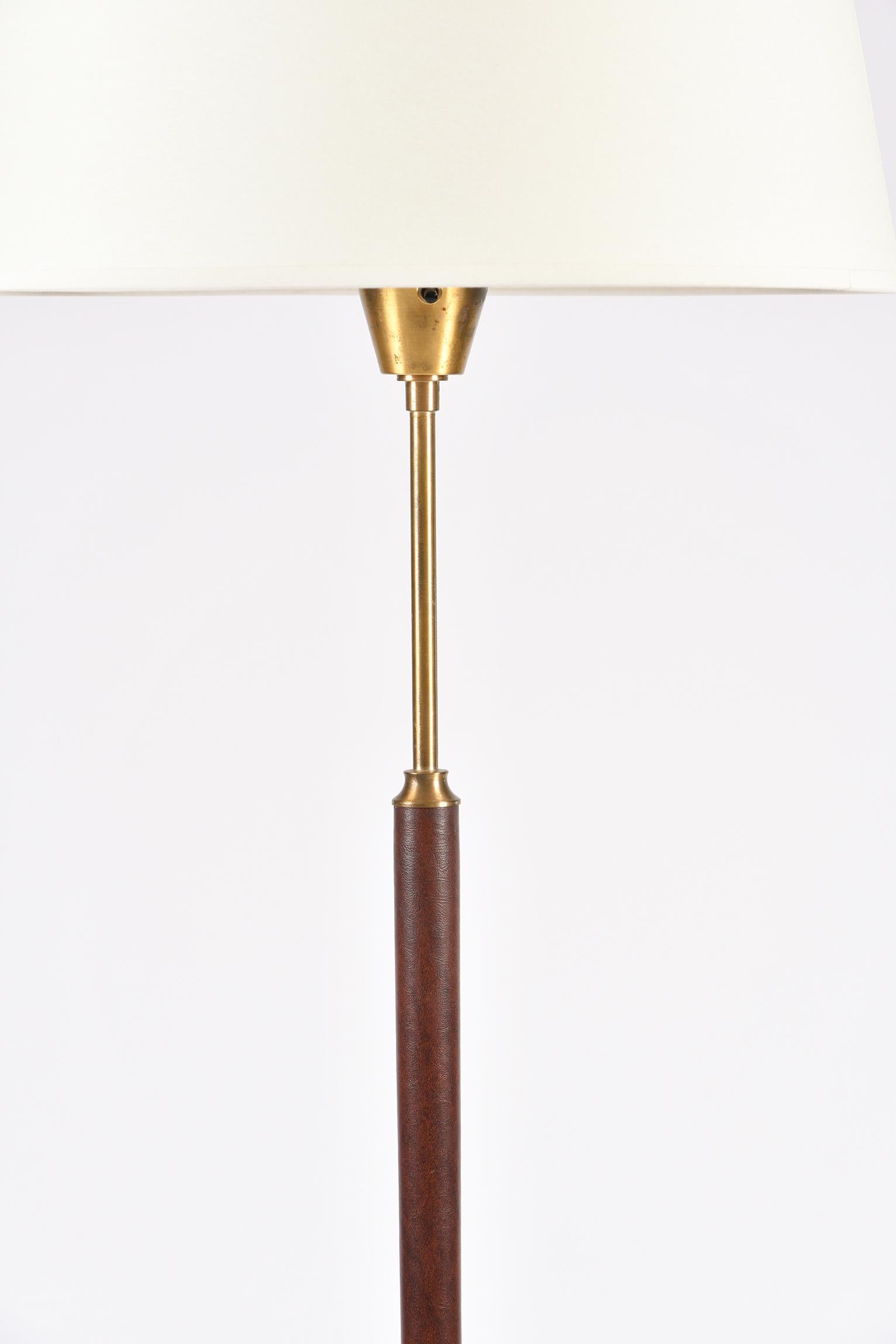 Swedish Midcentury Brass and Brown Leather Floor Lamp