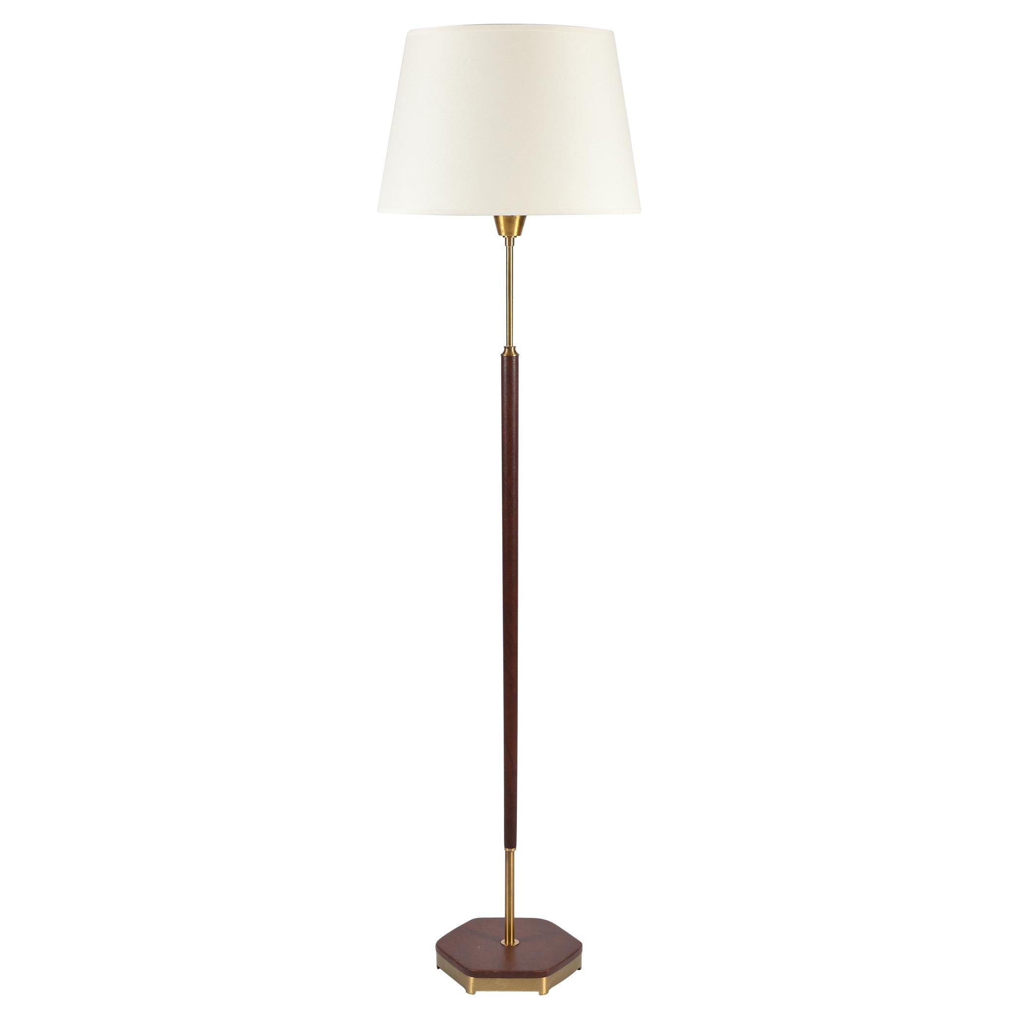 Midcentury Brass and Brown Leather Floor Lamp