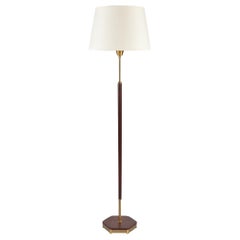 Midcentury Brass and Brown Leather Floor Lamp
