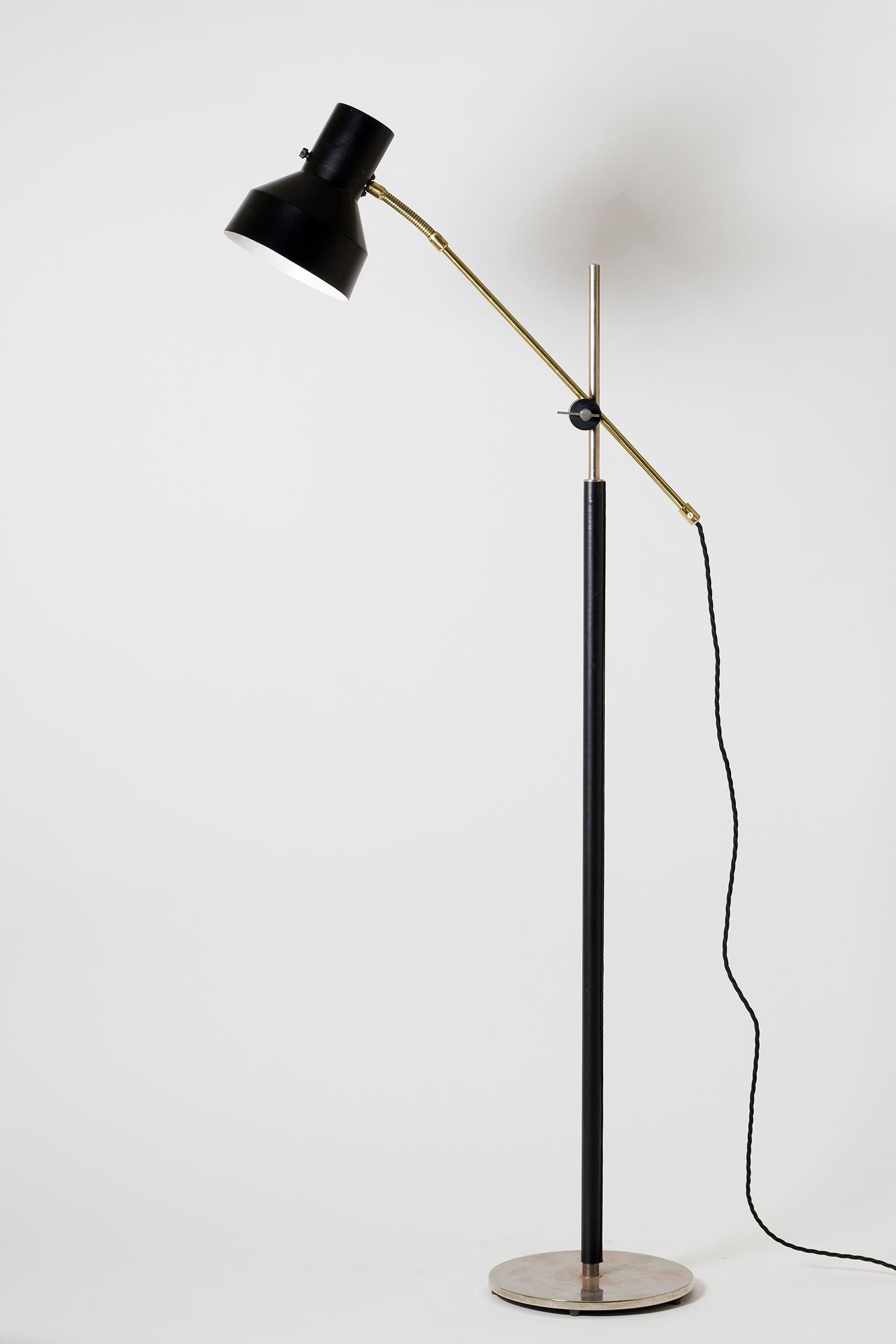 Mid-Century Modern Midcentury Brass, Chrome and Black Faux Leather Reading Floor Lamp