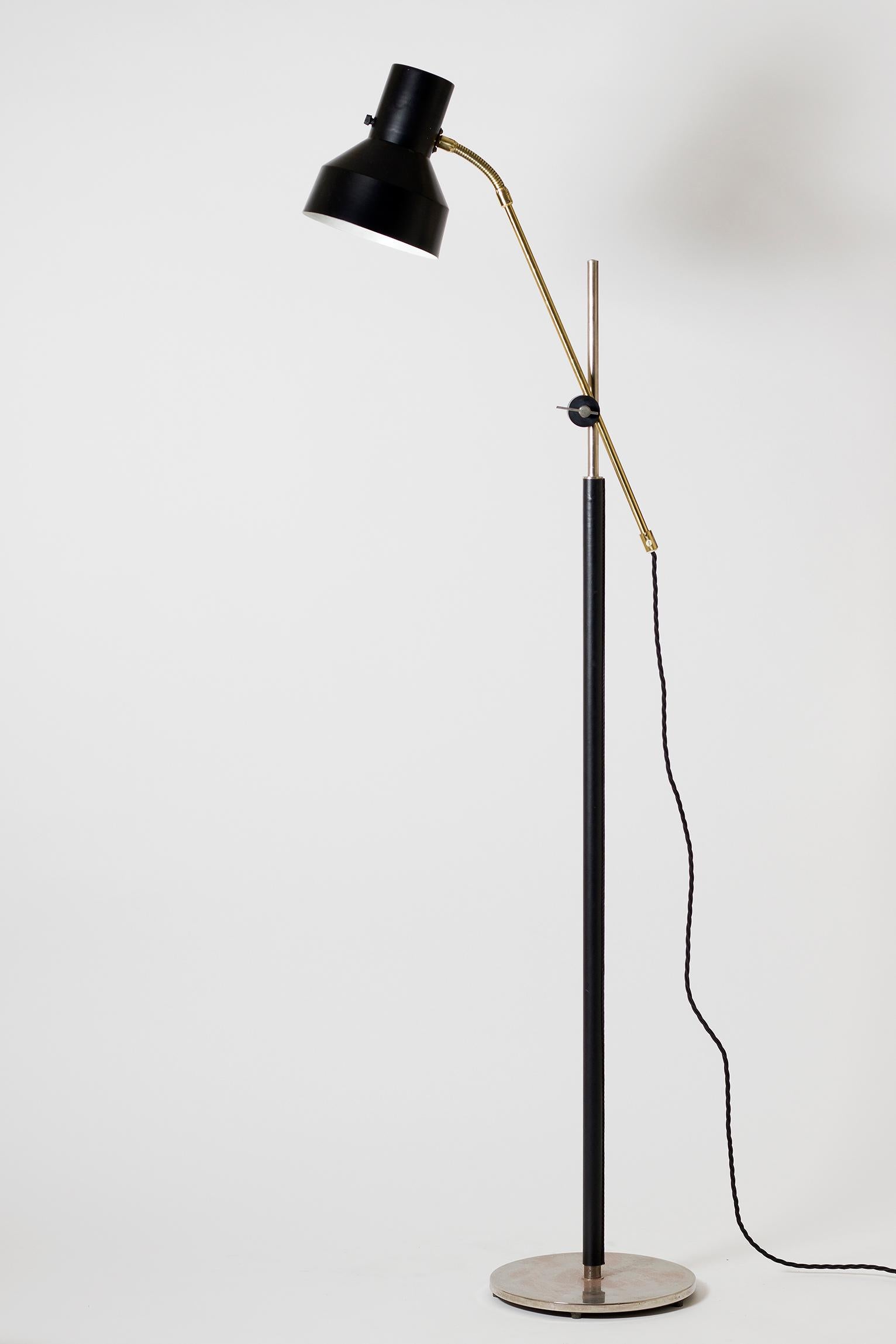Swedish Midcentury Brass, Chrome and Black Faux Leather Reading Floor Lamp