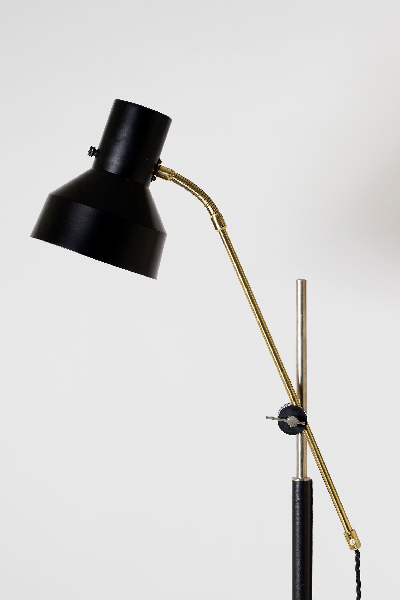Midcentury Brass, Chrome and Black Faux Leather Reading Floor Lamp In Good Condition In London, GB