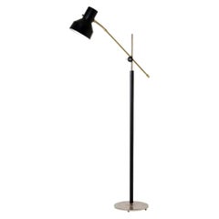 Midcentury Brass, Chrome and Black Faux Leather Reading Floor Lamp