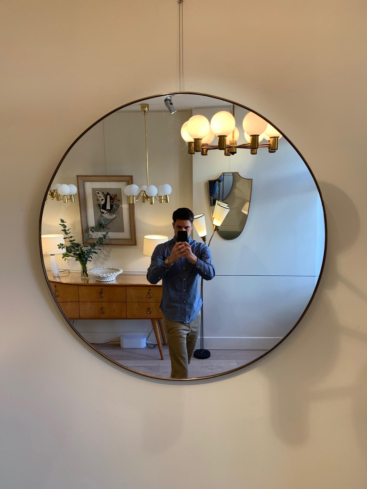 Italian Midcentury Brass Framed Circular Mirror