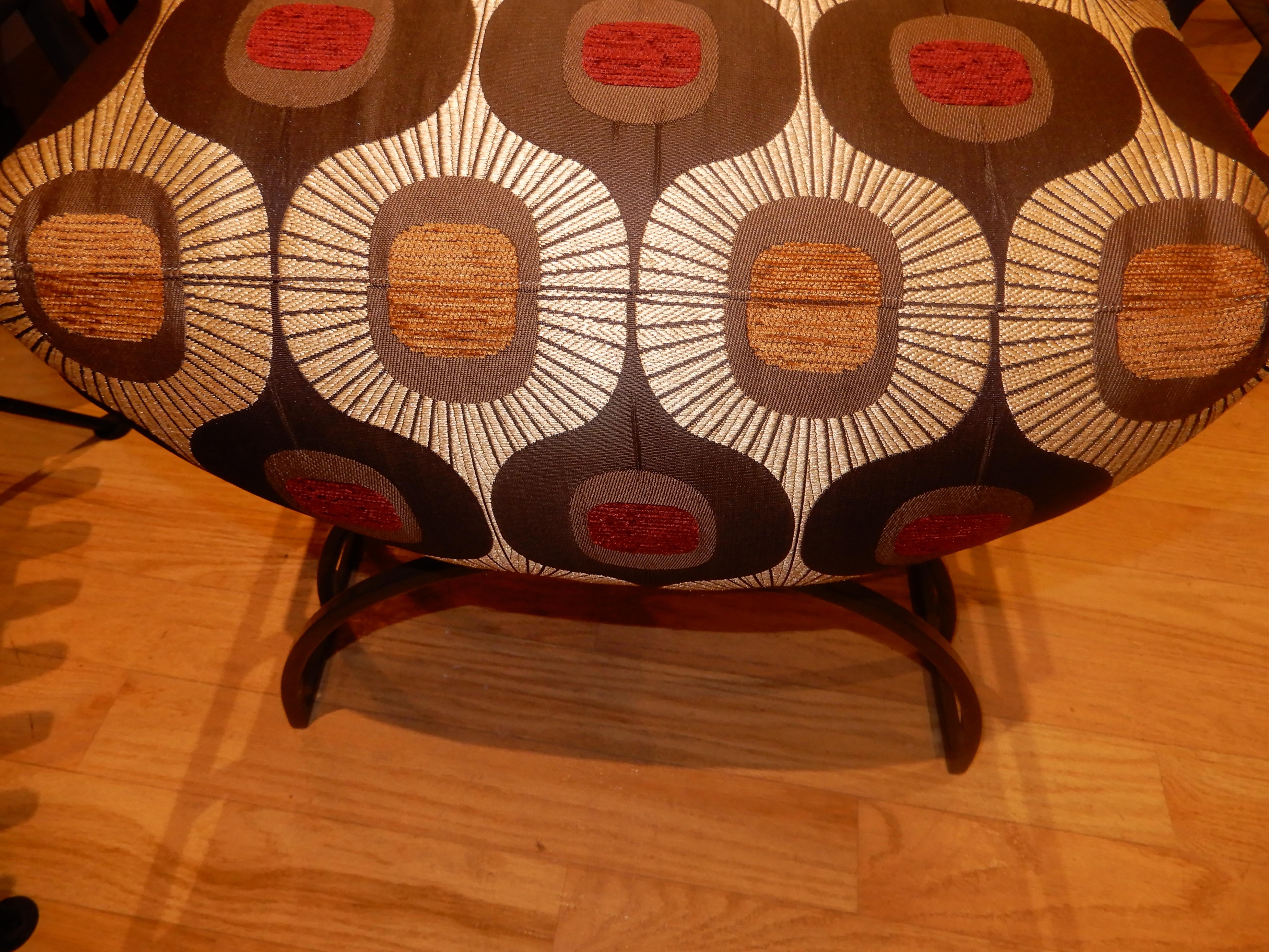 French Art  Deco metal arched ottoman or stool, new upholstered cushion in a stunning woven fabric from Morocco.