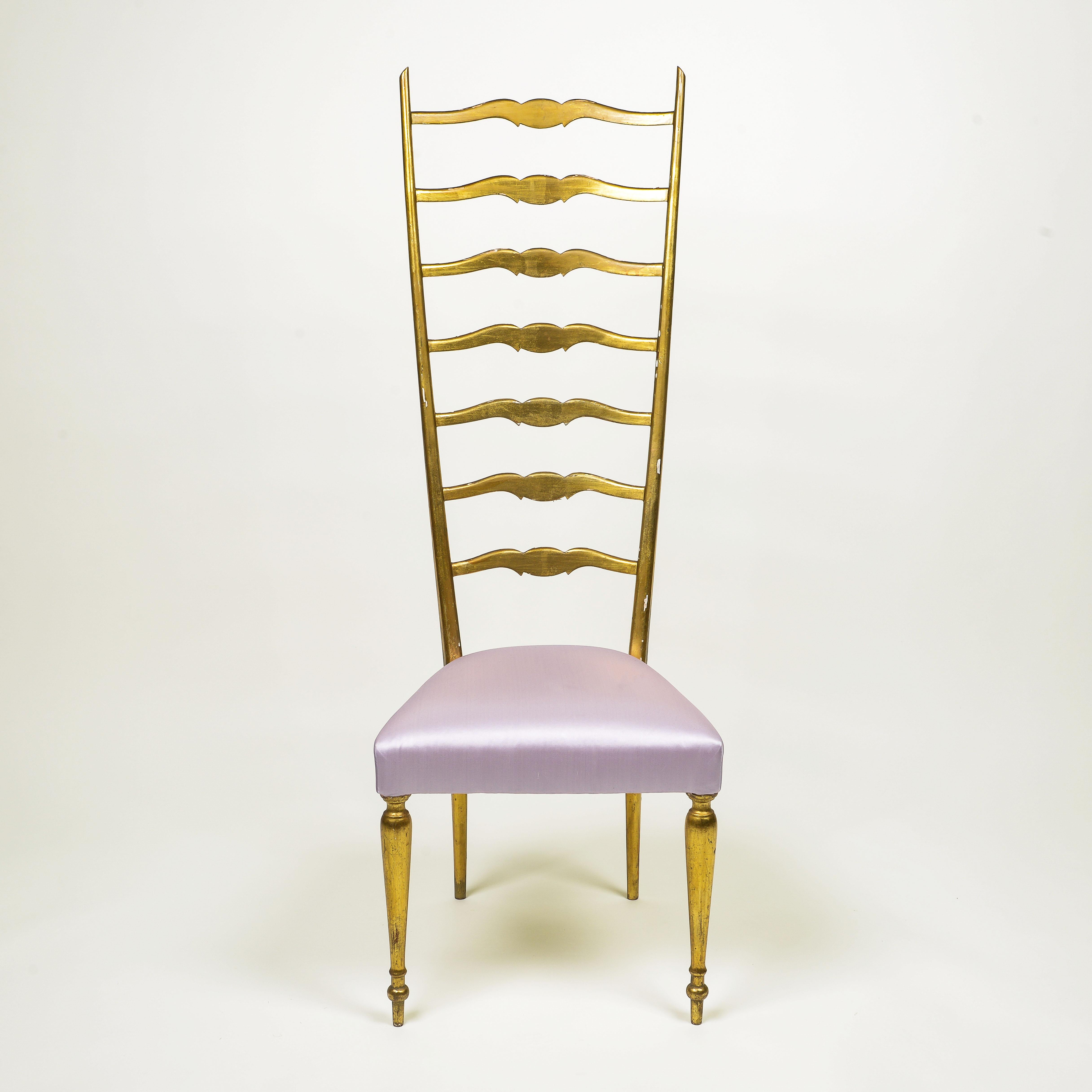 With elongated ladderback; upholstered in lavender silk satin.
