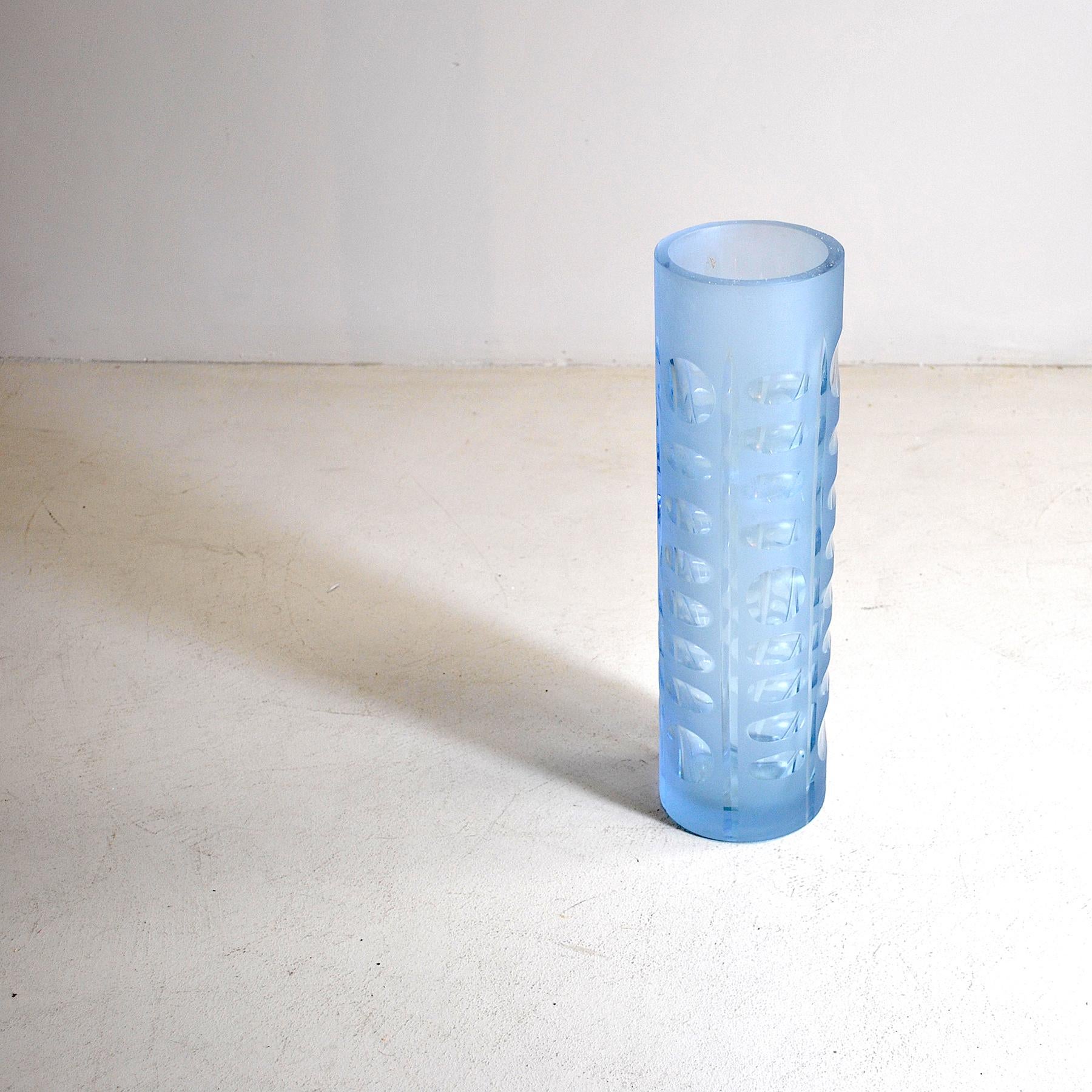 A cylindrical vase late 1960s in light blue color glass Germany production.