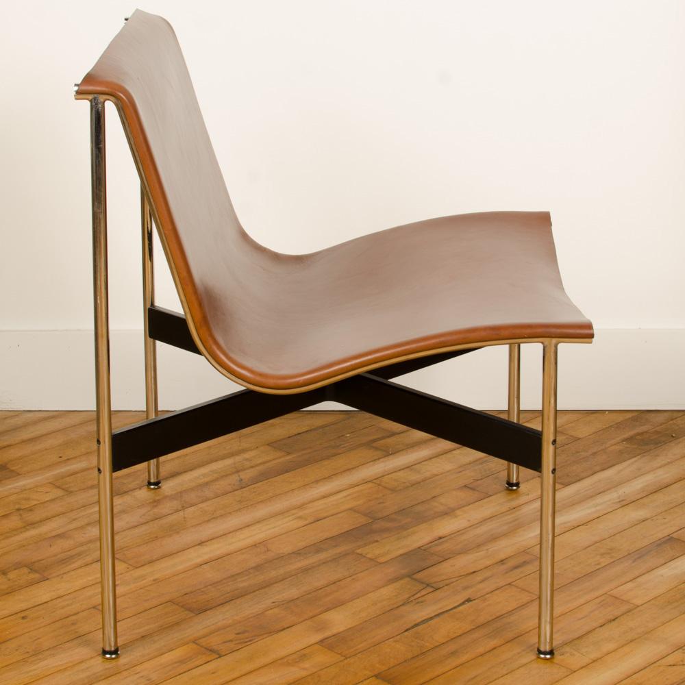  Designed by Katavolos Littell, and Kelley in 1952 as part of the original Laverne Collection produced by Gratz. Tan leather, medium antique bronze frame and blackened bronze T-Bar. Contemporary.