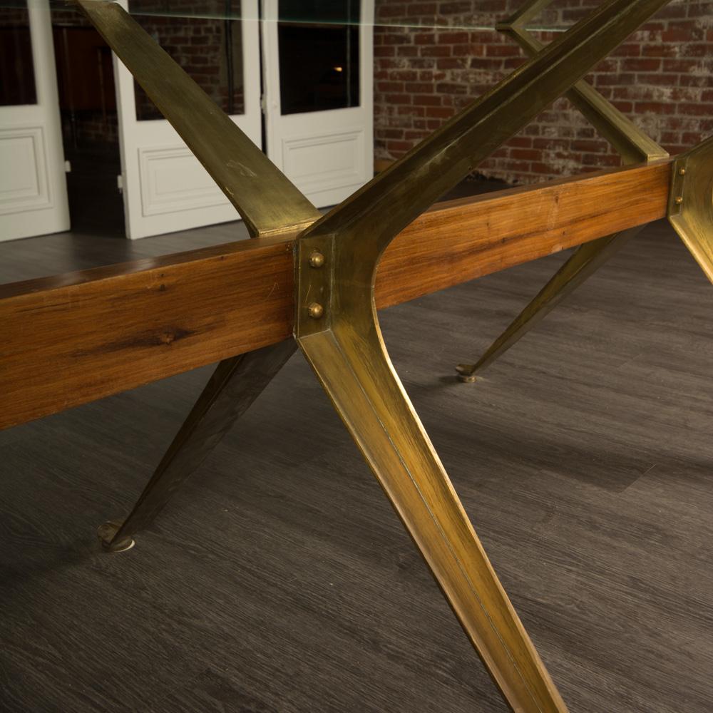 Midcentury Dining Room or Conference Table, Brass and Wood X-Base, C 1950 1