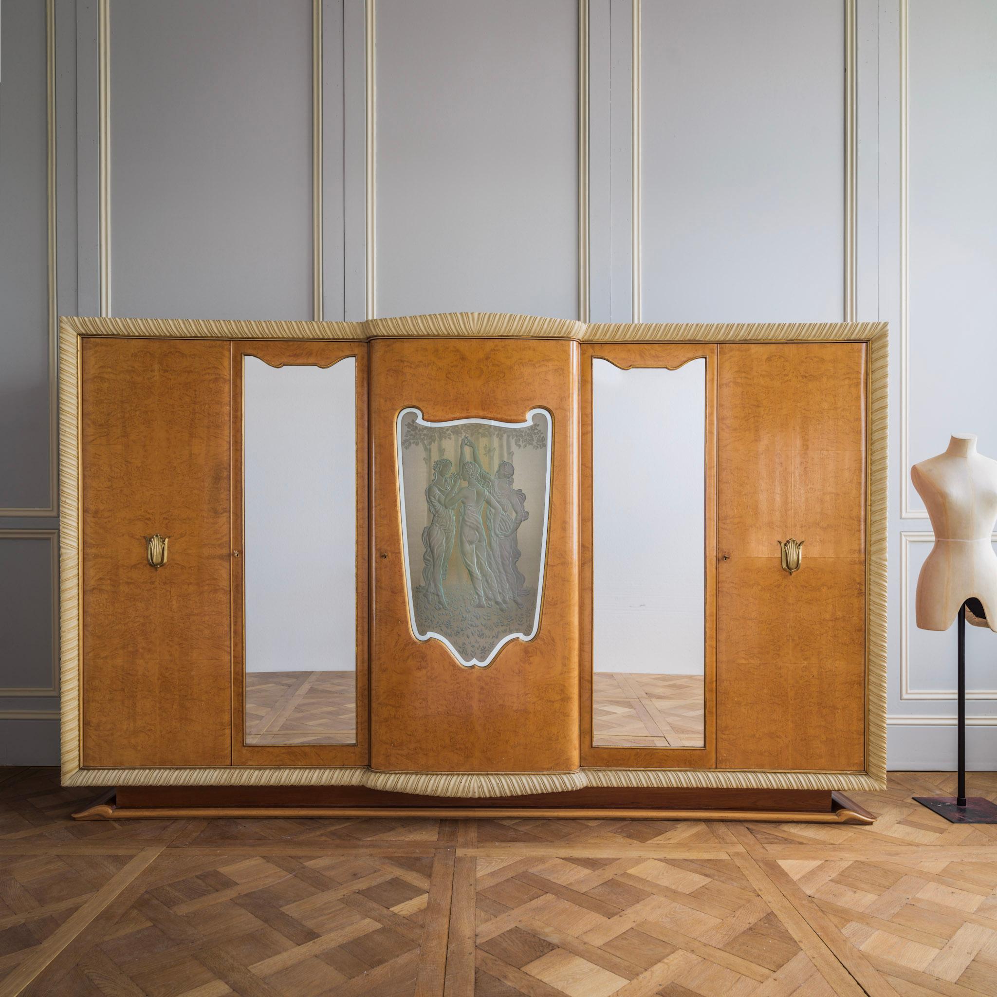 This Italian made wardrobe has been crafted with the exquisite attention to detail of a bygone era. It is part of an elegantly unique bedroom suite, circa early 1940's, inspired by the Milanese designer, Giovanni Gariboldi and is available