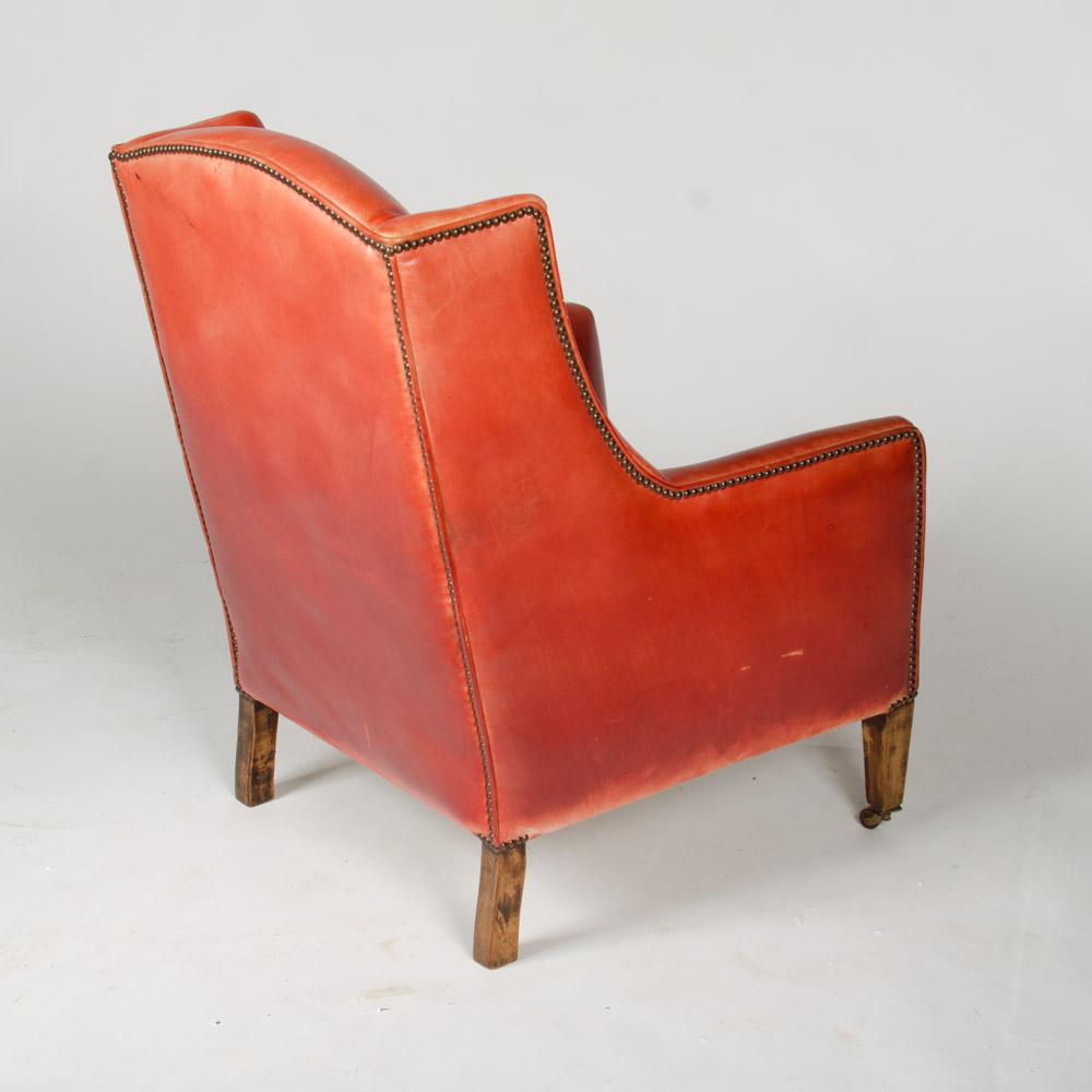 European Mid Century English Red Leather Club Wingback Armchair, circa 1960