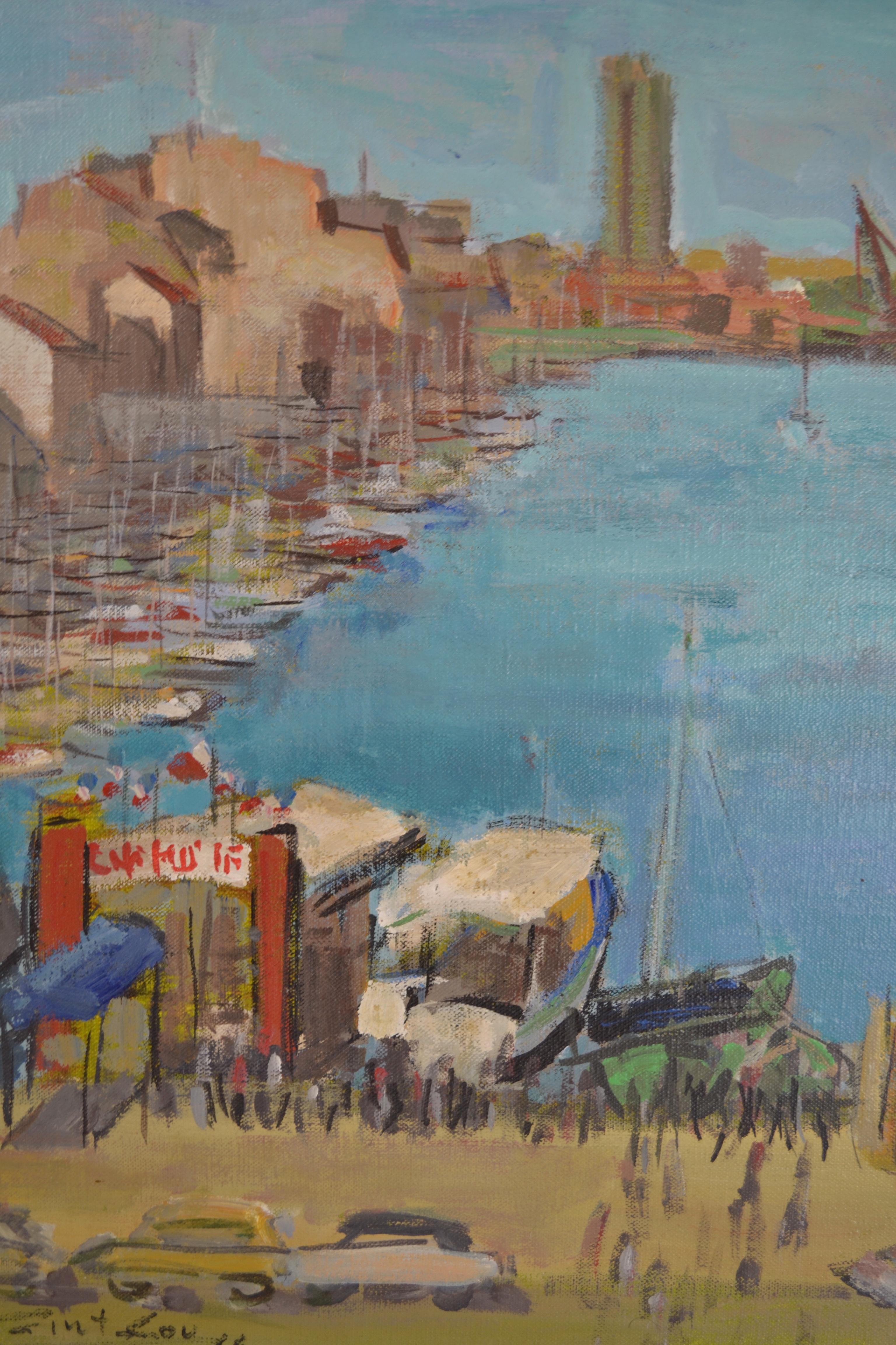 An original oil painting in a gilded wood frame signed by an unknown artist Zint Lov and dated 1966. The painting is in the style of Raoul Dufy and shows a Harbour scene full of boats and cars in the foreground with buildings in the background.