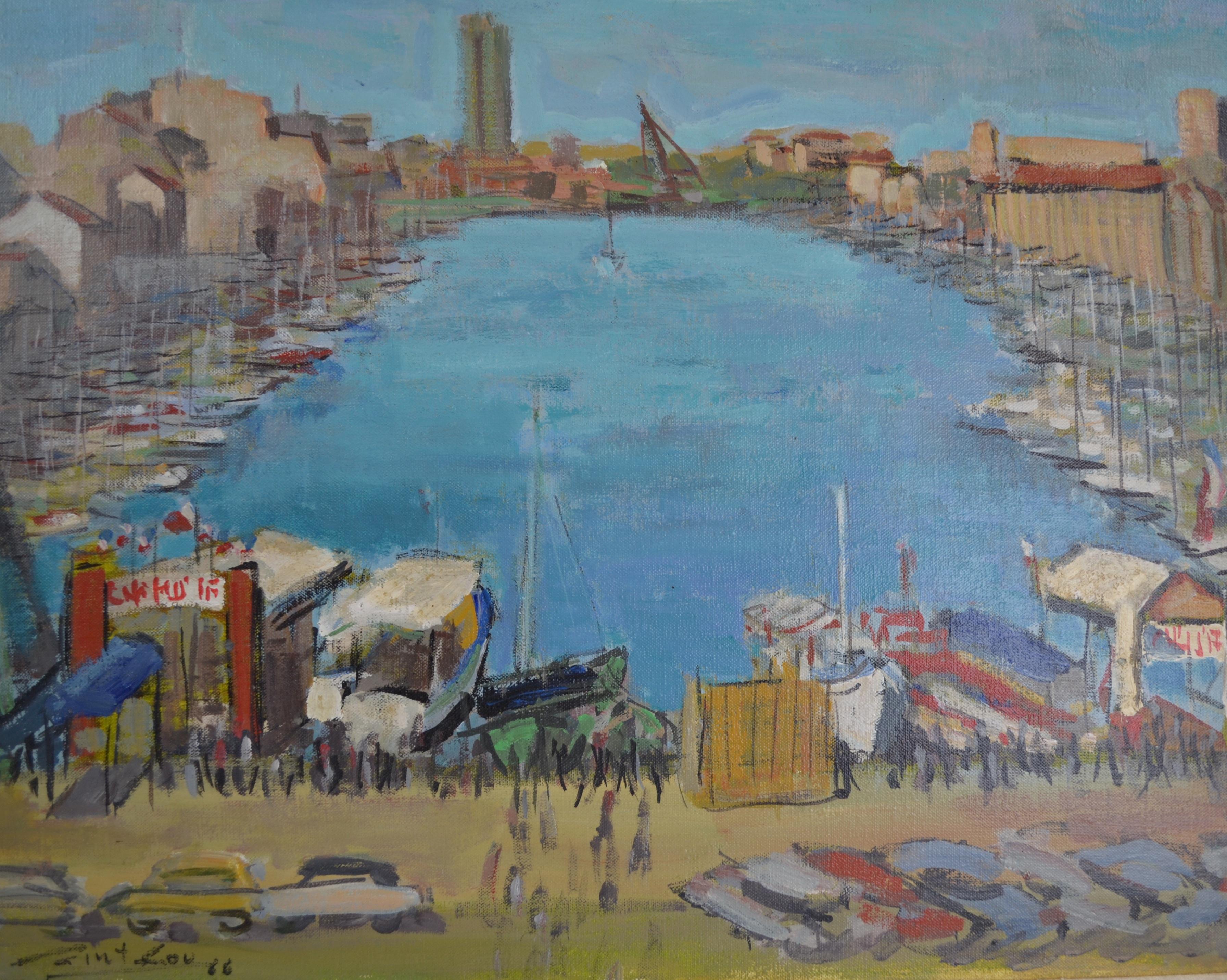 International Style Midcentury European City Marina Scene Signed Zint Lov, 1966 For Sale