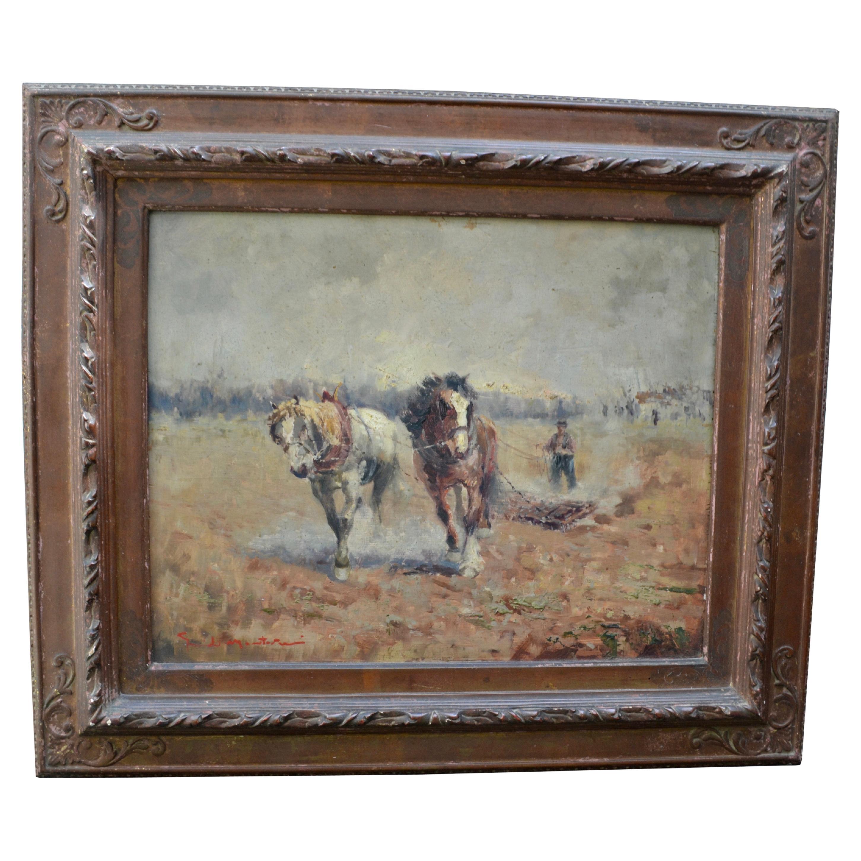 Mid Century Farm Scene Painting Showing Draught Horses Tilling a Field