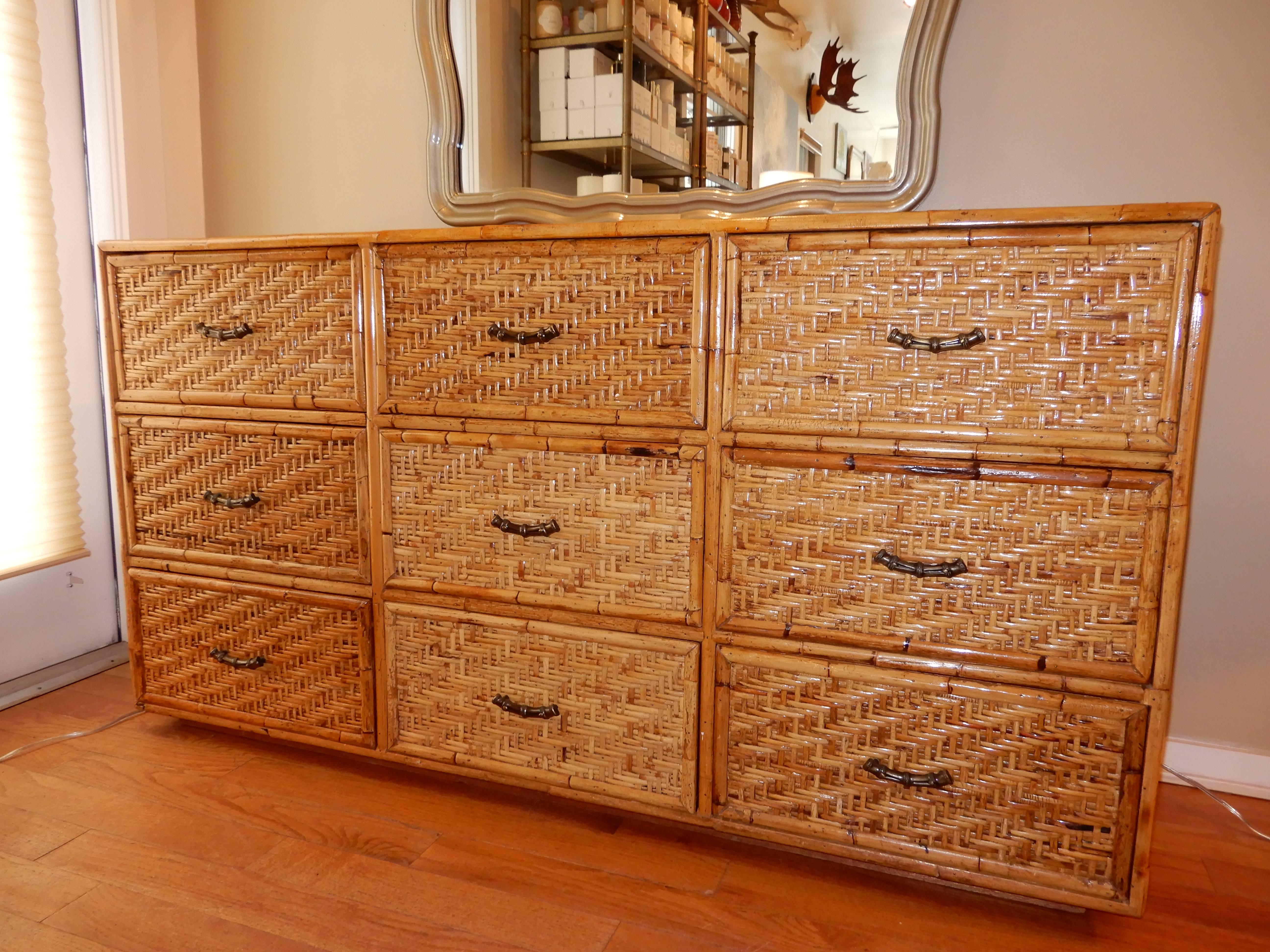 A nine drawer dresser or commode in bamboo and wicker by 