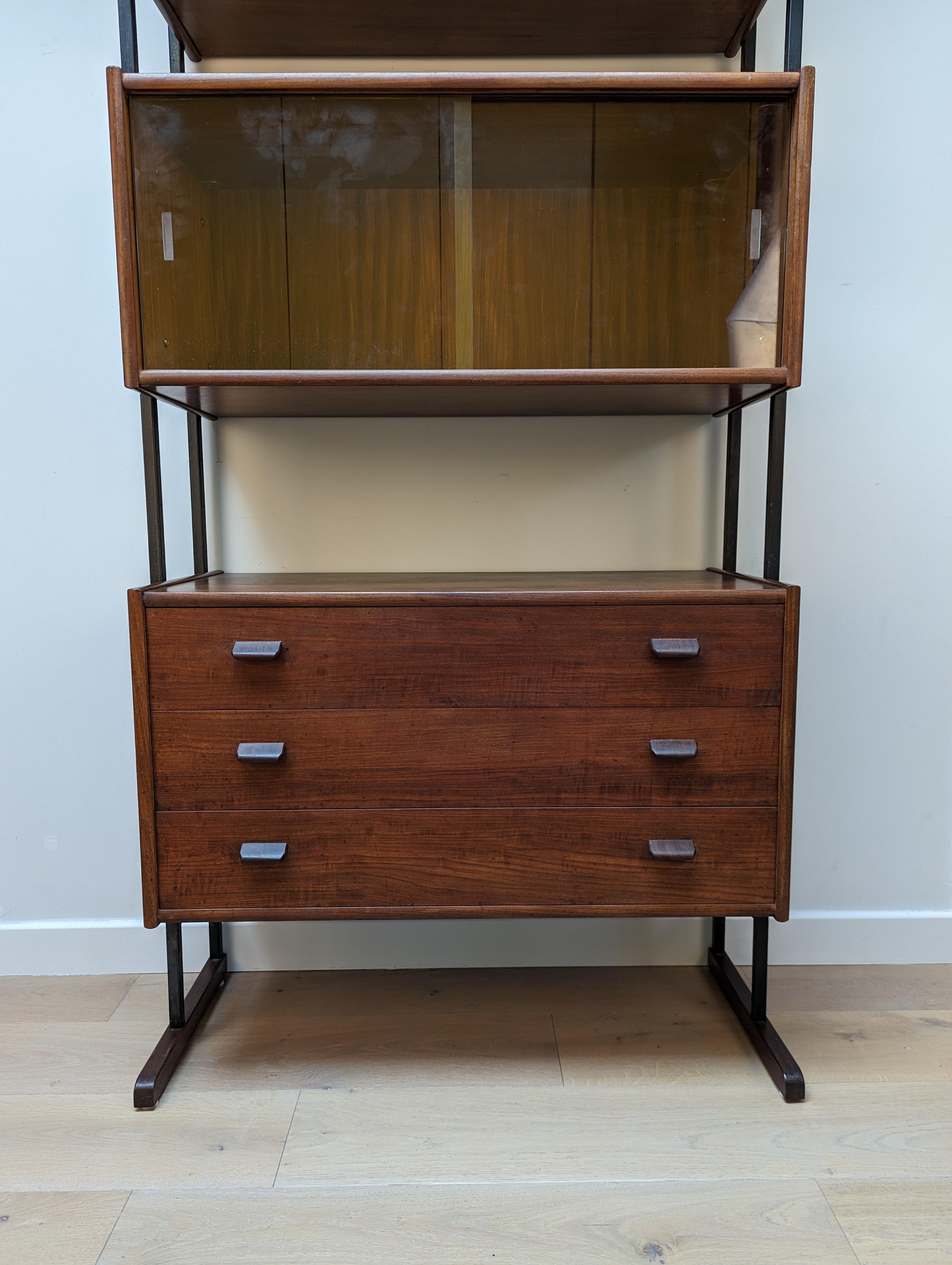 Steel A mid-century free standing cabinet by Robex in teak with metal supports For Sale