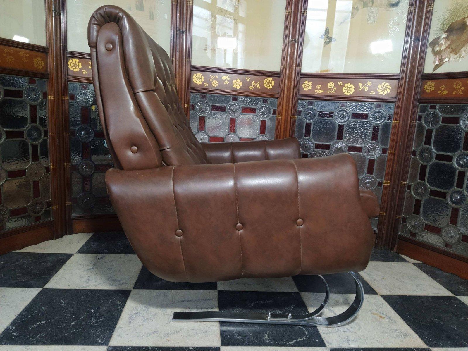 Mid Century French Cantilever Armchair with Original Brown Vinyl Upholstery In Good Condition In London, GB