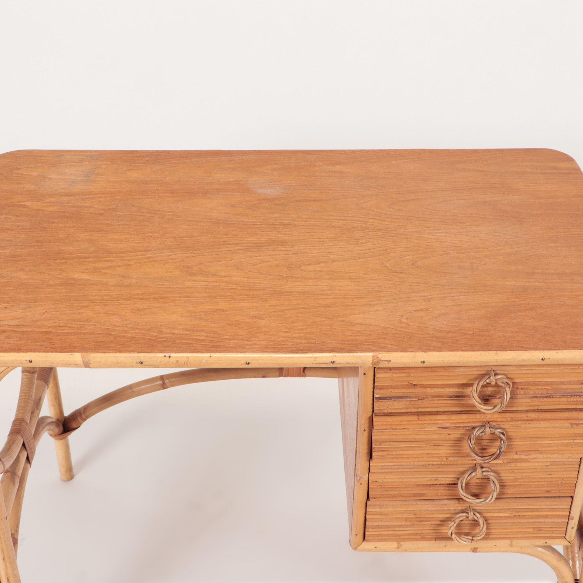 Modern Mid-Century French Four Drawers Rattan Desk, C 1950 For Sale