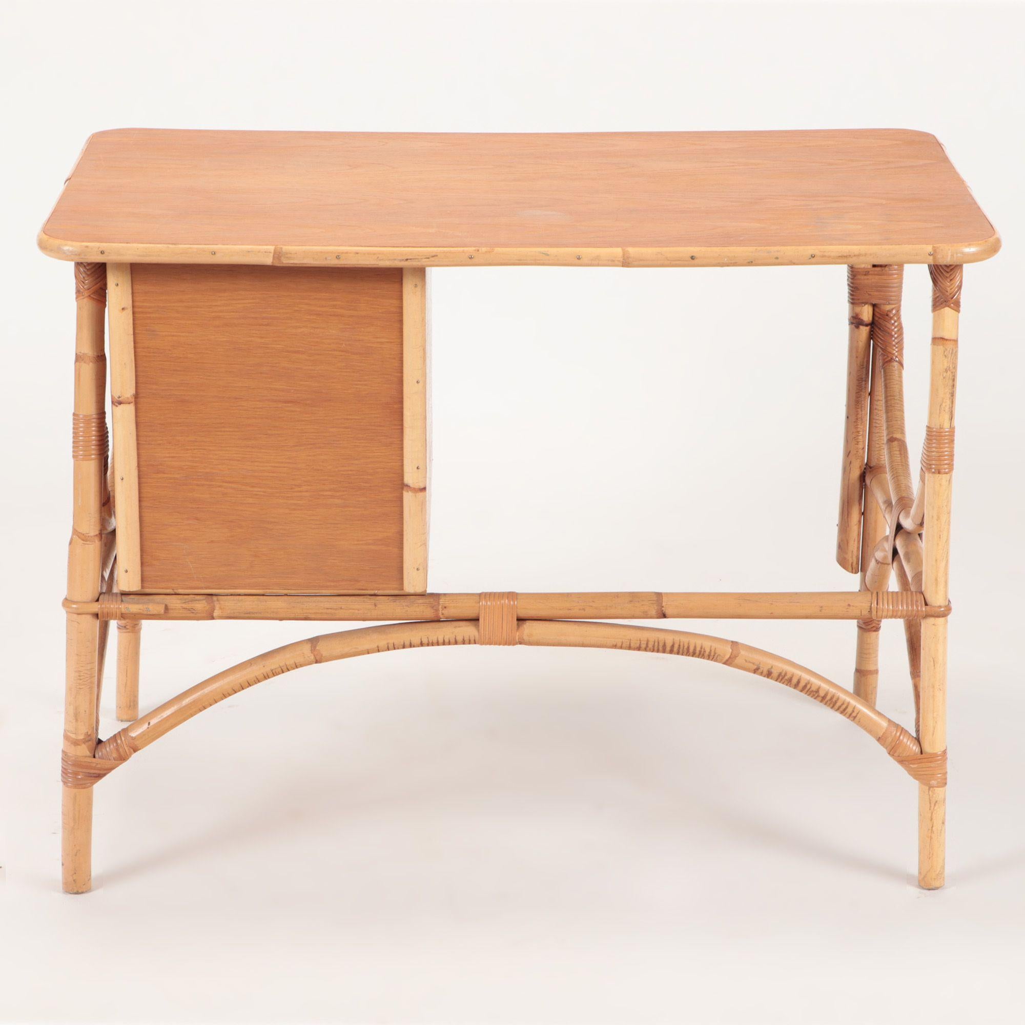 Mid-Century French Four Drawers Rattan Desk, C 1950 For Sale 1