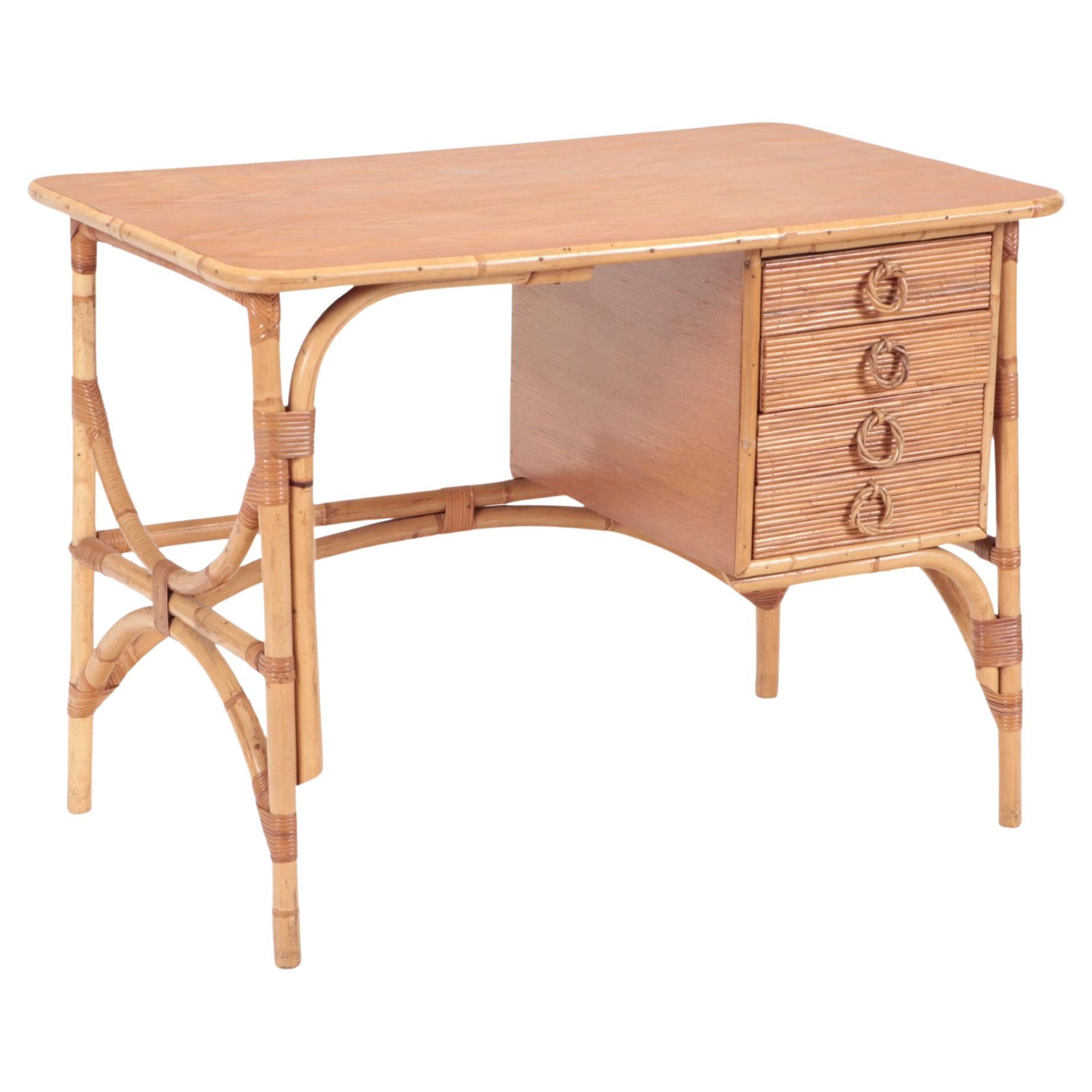 Mid-Century French Four Drawers Rattan Desk, C 1950 For Sale