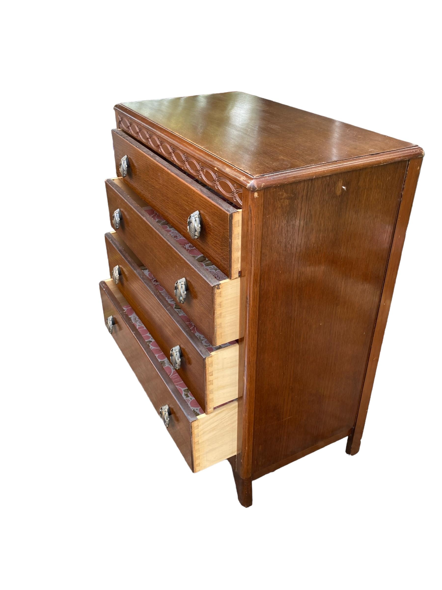 A Mid Century Harris Lebus Style Chest of Drawers Art Deco style handles. For Sale 1