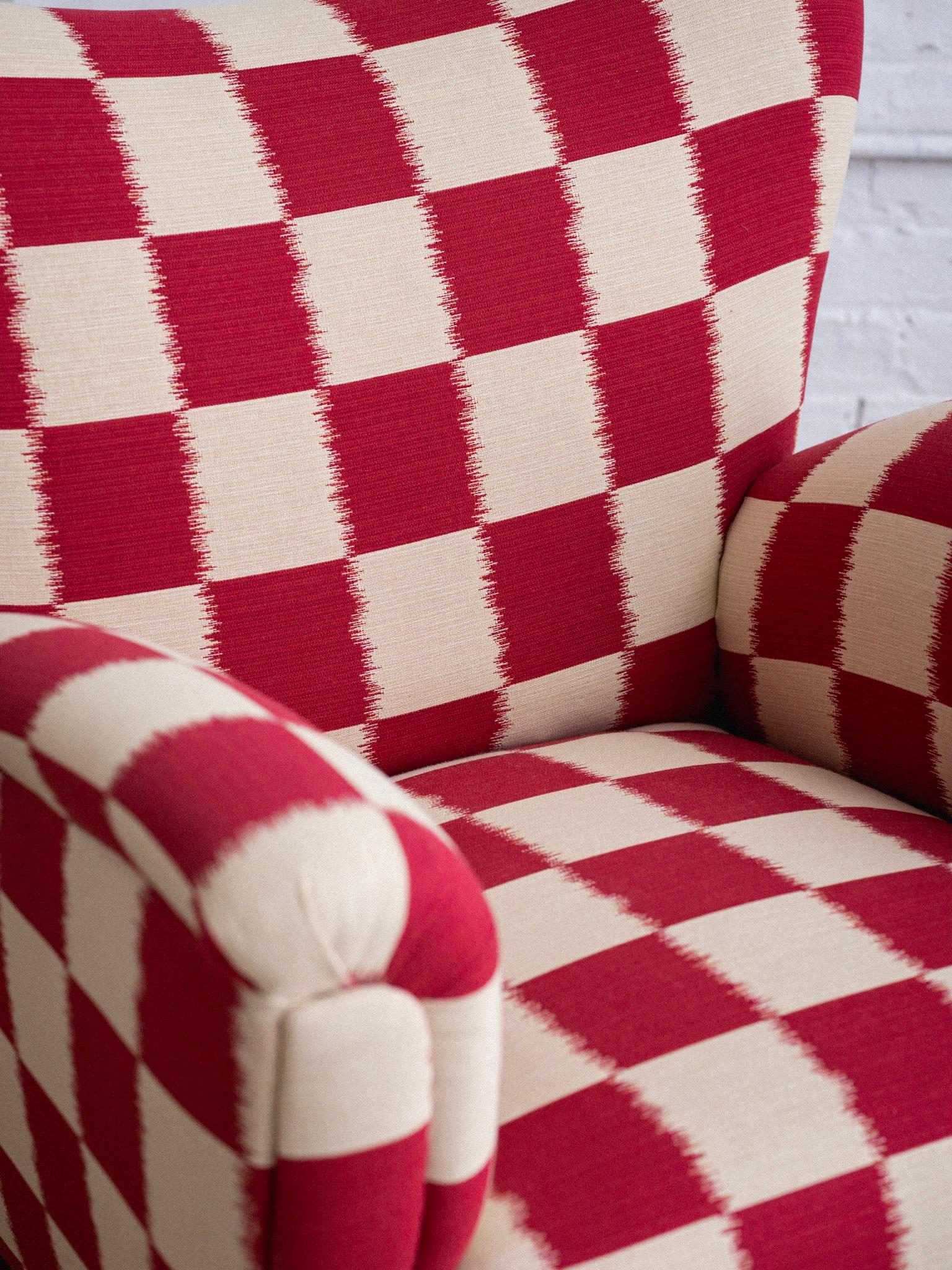 A Mid Century Italian Armchair in Checkered Jacquard In Excellent Condition In Brooklyn, NY