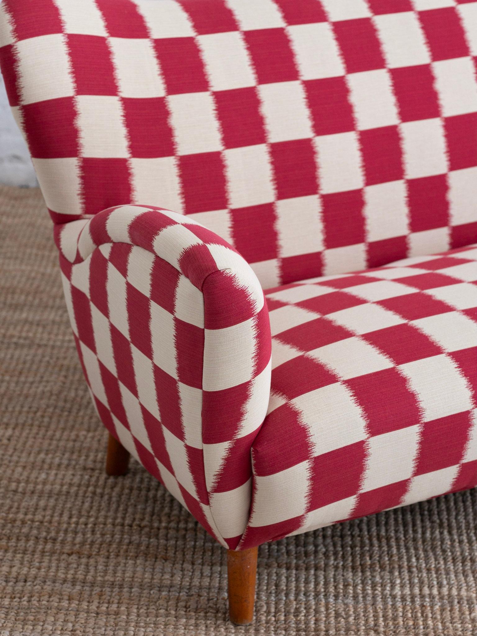 Ikat A Mid Century Italian Sofa in Checkered Jacquard For Sale