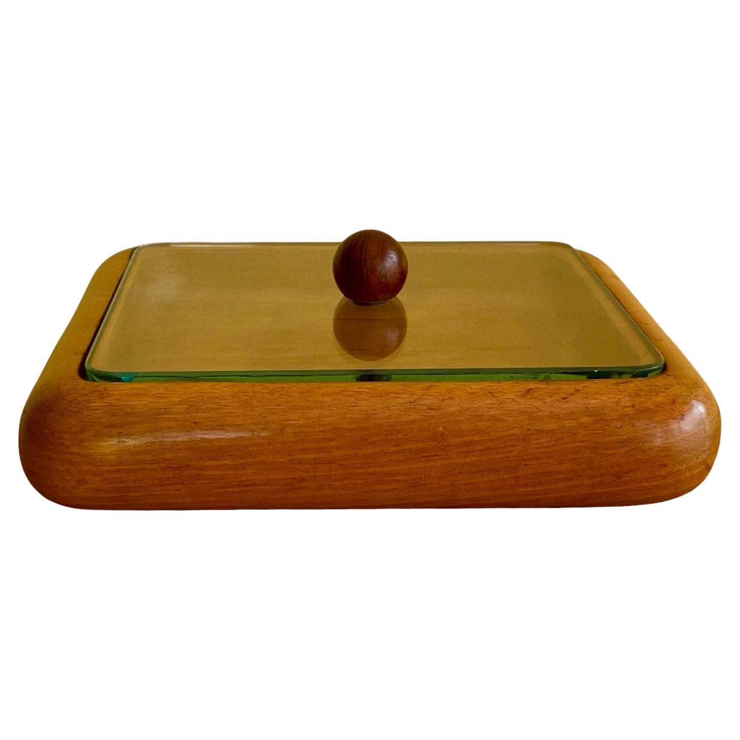 a mid-century Italian wood and glass table top box in the manner of Fontana Arte For Sale