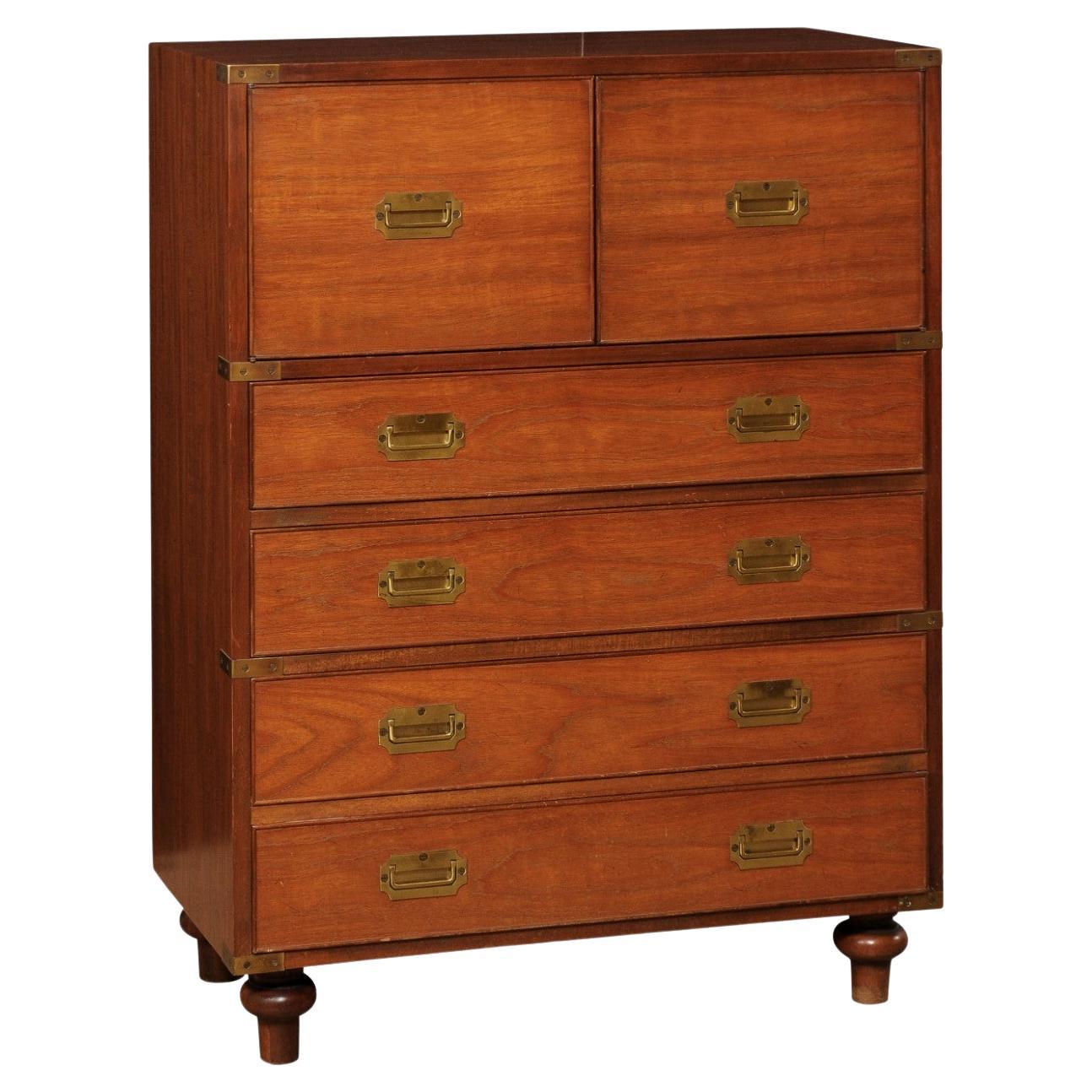 Mid-Century Mahogany Tall Campaign Chest W/Brass Hardware For Sale