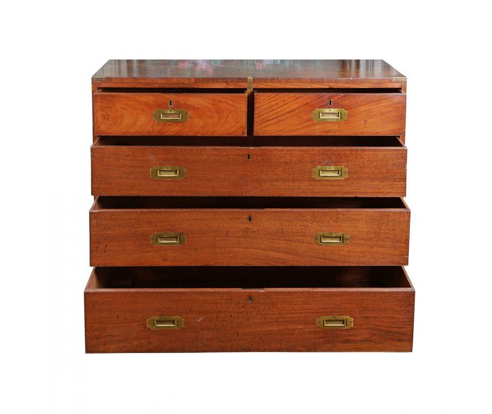 Mid-Century Modern A Mid-Century Mahogany and Brass Campaign Chest of Drawers For Sale