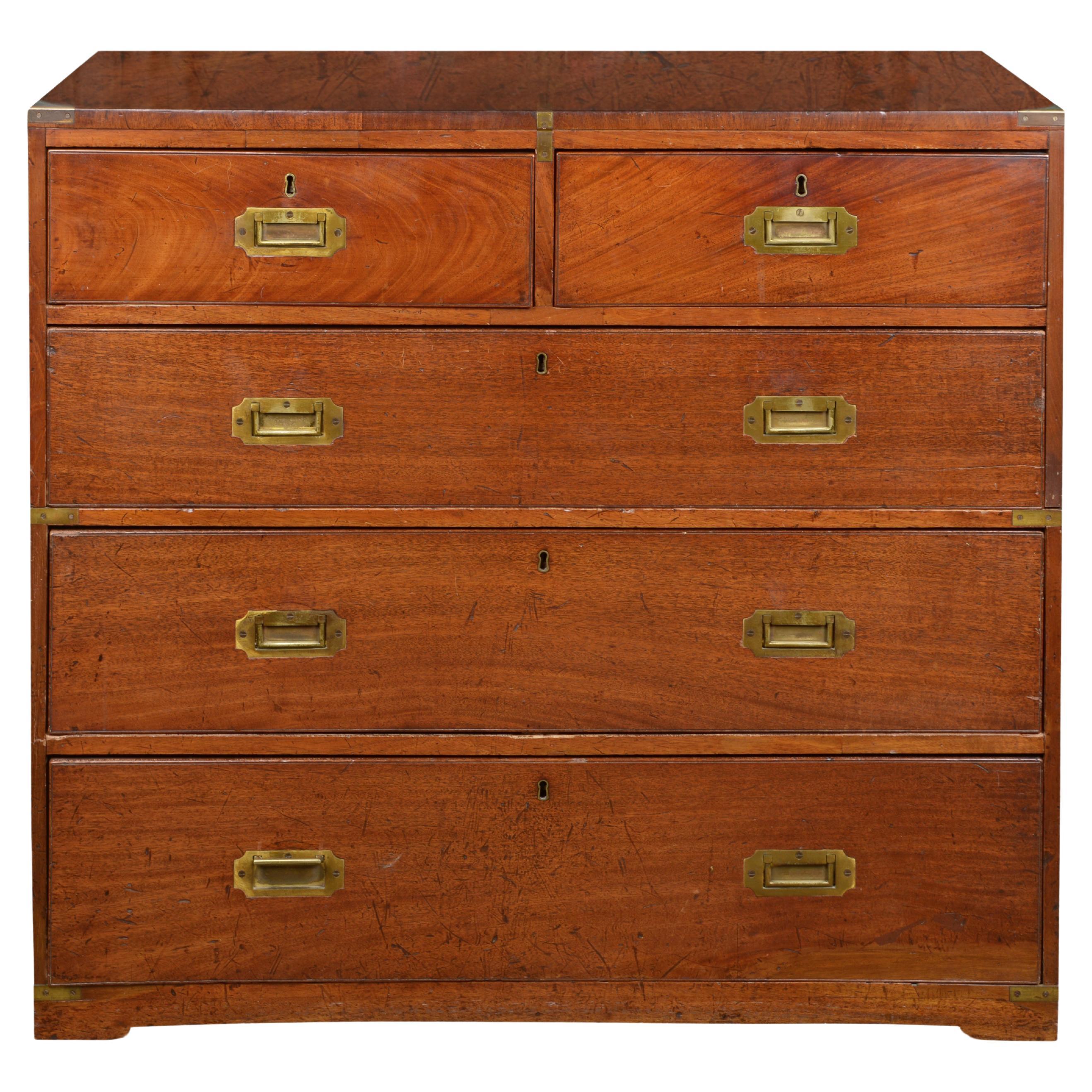 A Mid-Century Mahogany and Brass Campaign Chest of Drawers For Sale