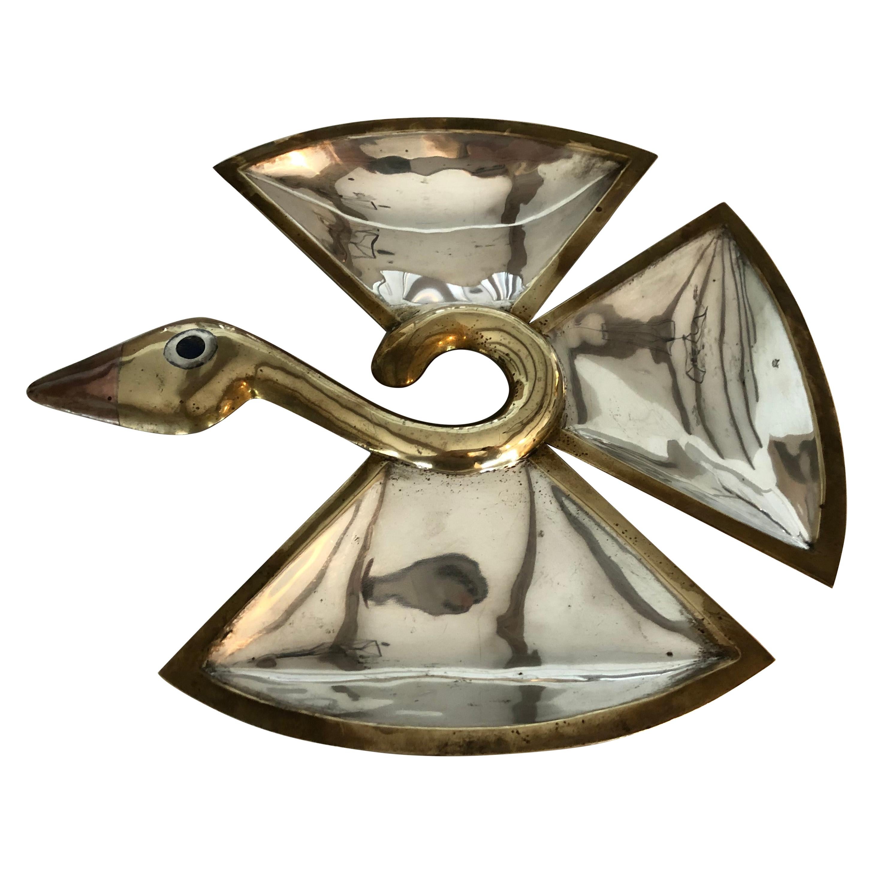 Midcentury Mixed Metals Figural Bird Tray by Los Castillo