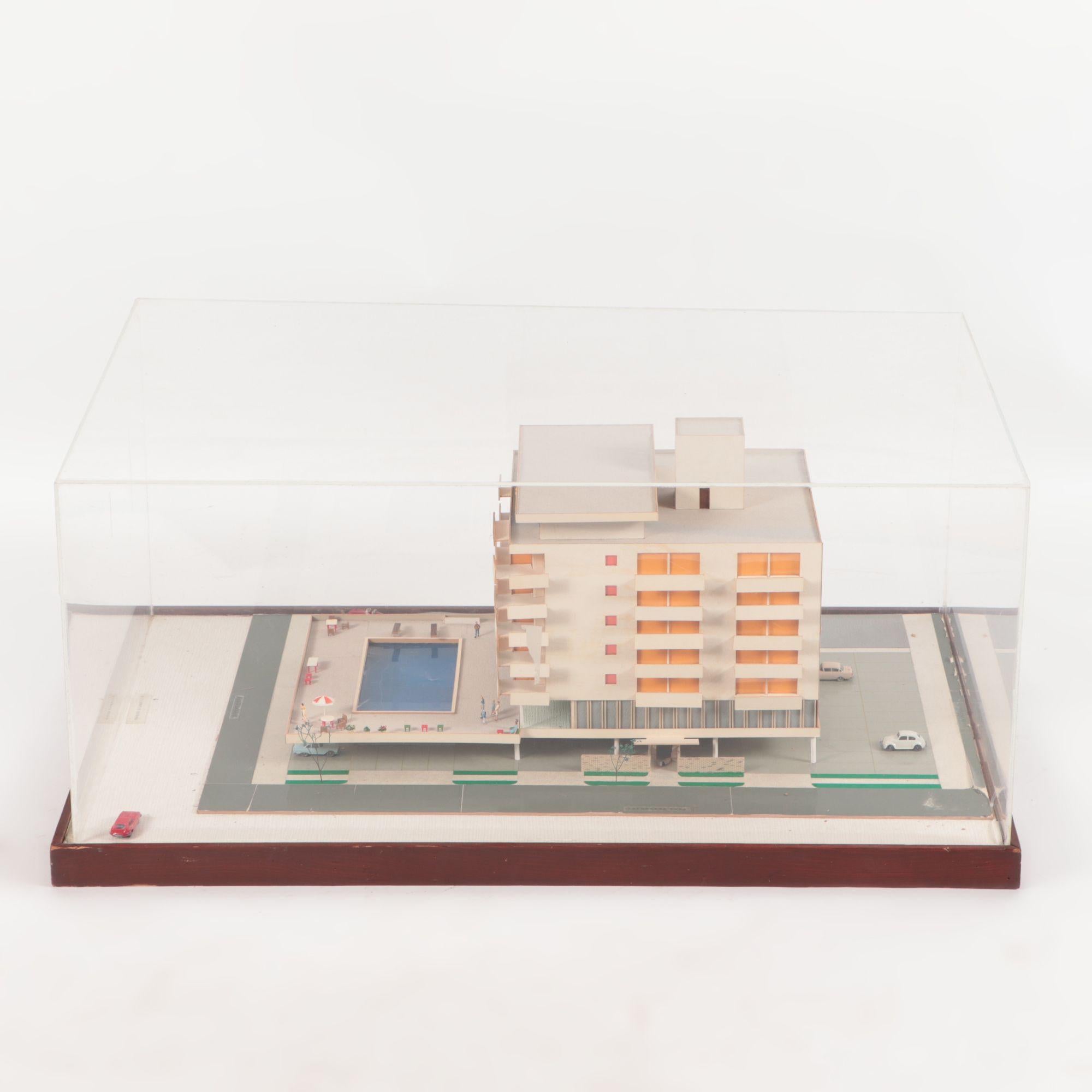 A very cool Mid-Century Modern Architectural Model of an Atlantic City hotel, incredible detail, housed in lucite box, circa 1960.