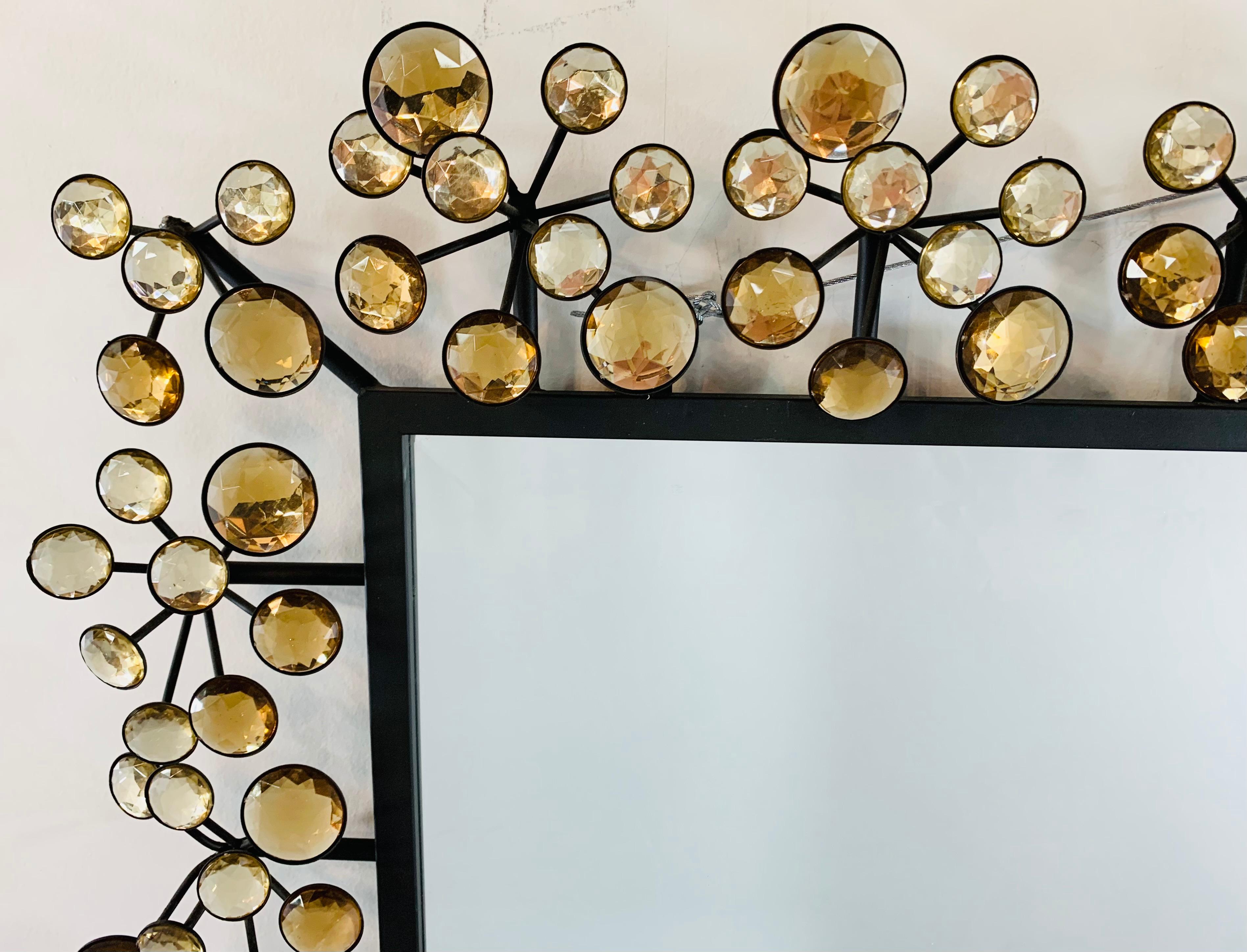 American Mid-Century Modern Black and Faux Crystal Accent Beveled Wall Mirror For Sale