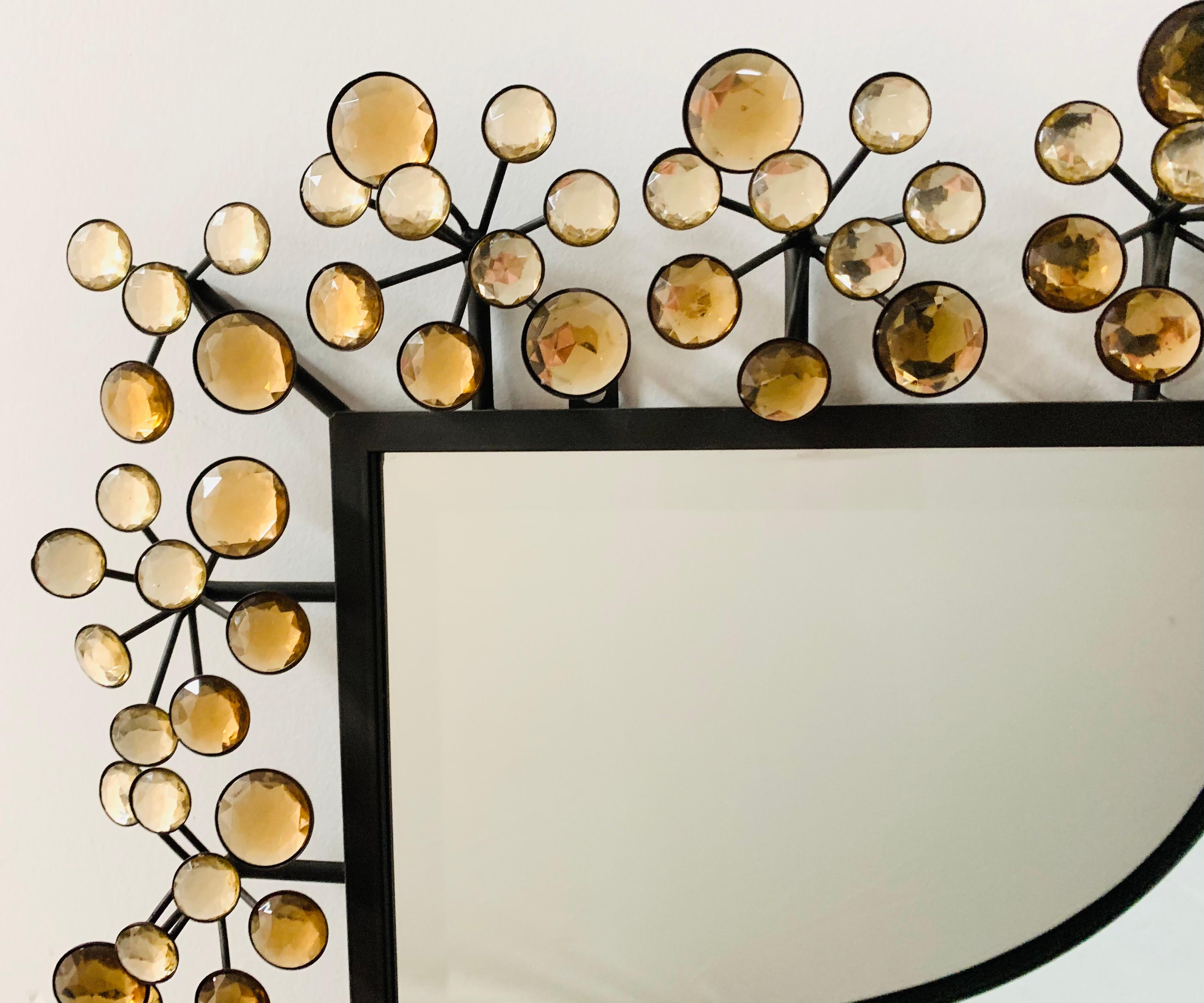 Late 20th Century Mid-Century Modern Black and Faux Crystal Accent Beveled Wall Mirror For Sale