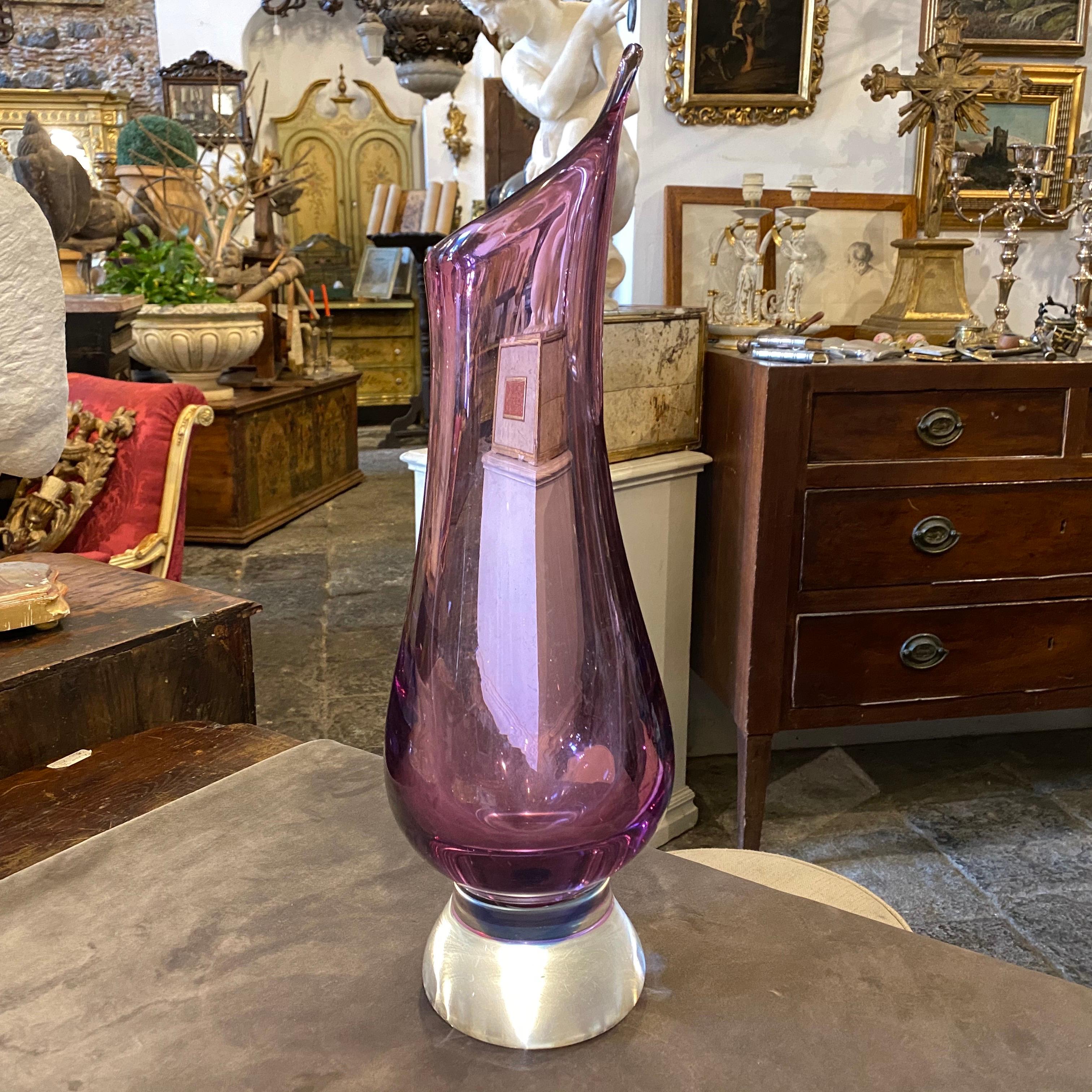 Mid-Century Modern 1970s Modernist Blue and Purple Murano Glass Tall Vase For Sale