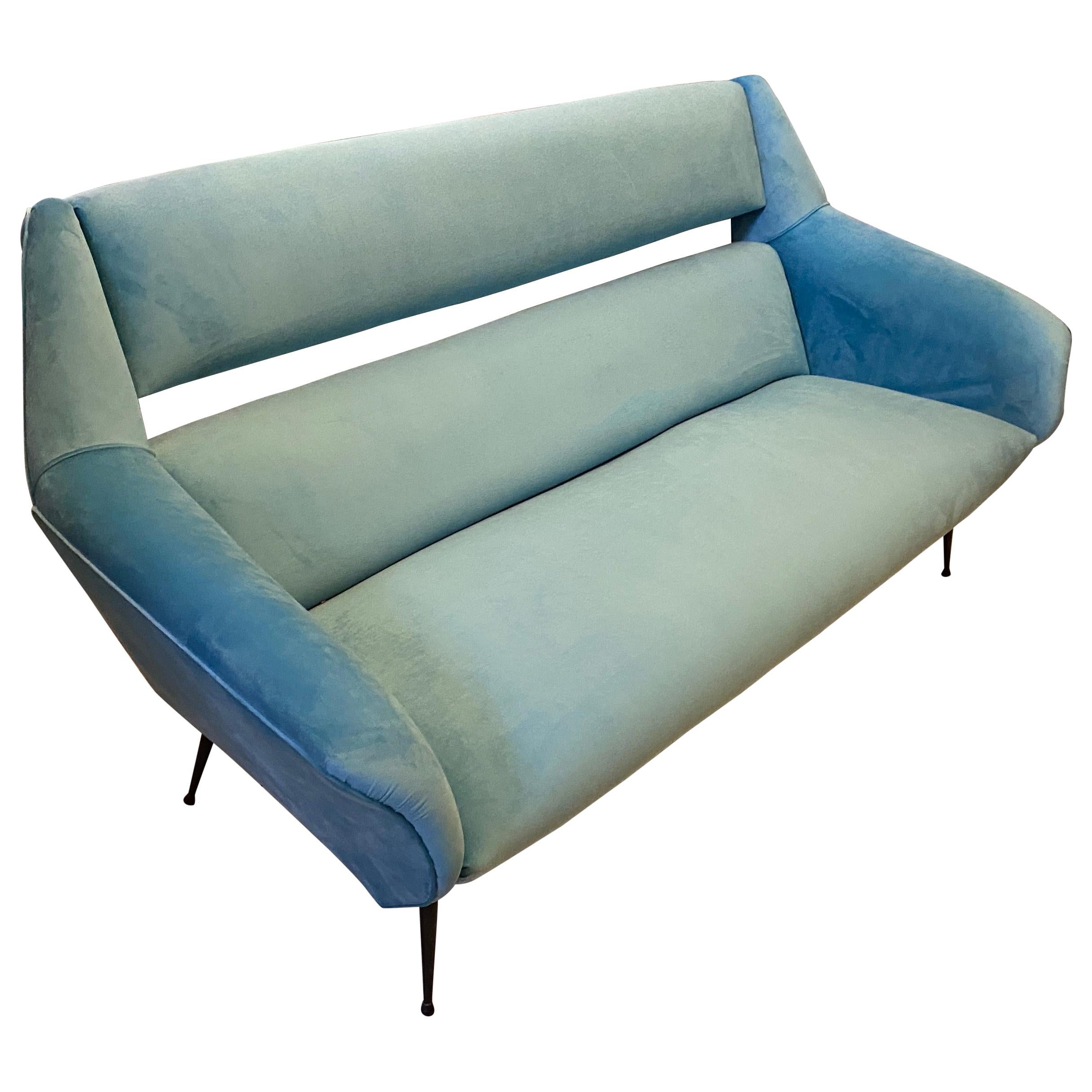 1960s Mid-Century Modern Blue Velvet and Metal Sofa attributed to Gigi Radice