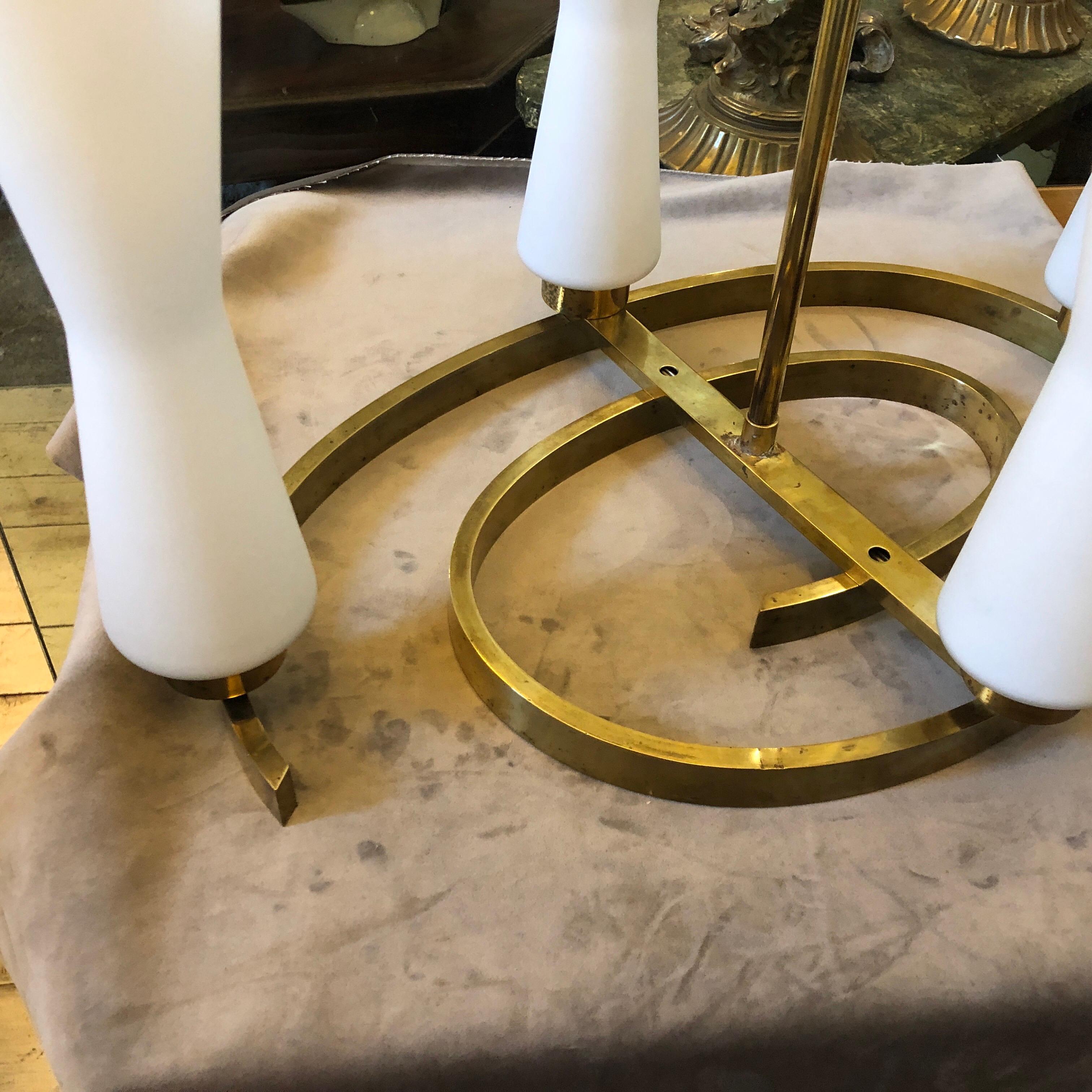 Milk Glass Mid-Century Modern Brass and Glass Italian Oval Chandelier, circa 1950 For Sale