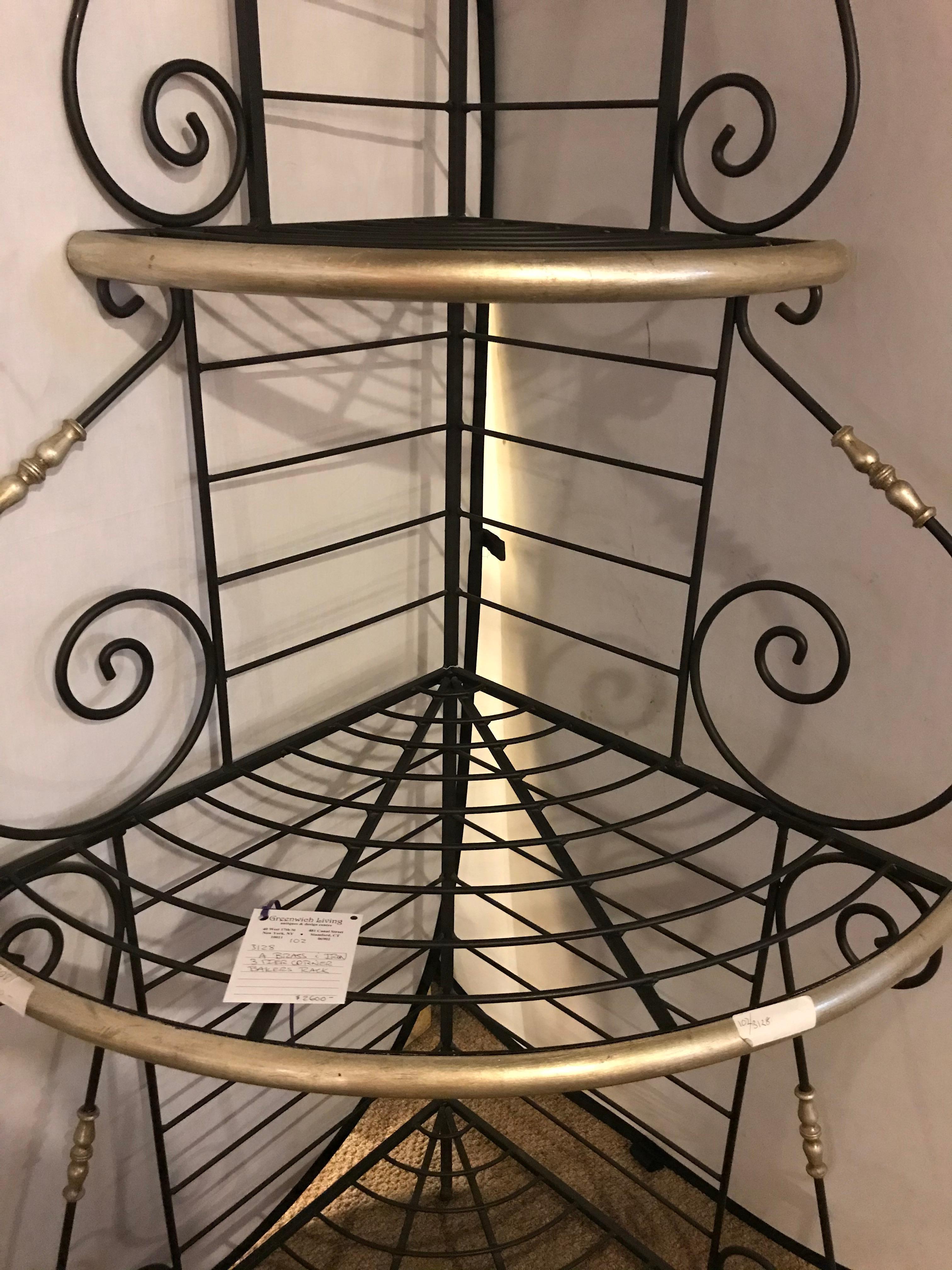 Mid Century Modern Brass and Iron 3 Tier Corner Bakers Rack