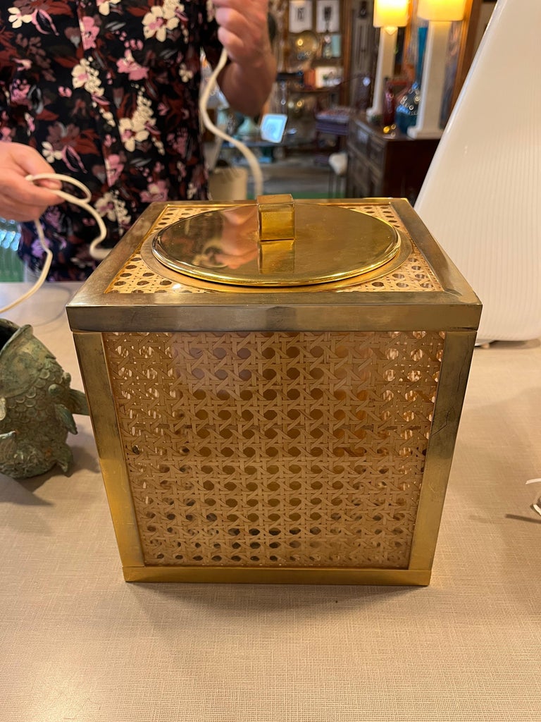Mid-Century Modern  Brass, Wicker and Lucite Ice Bucket For Sale 1