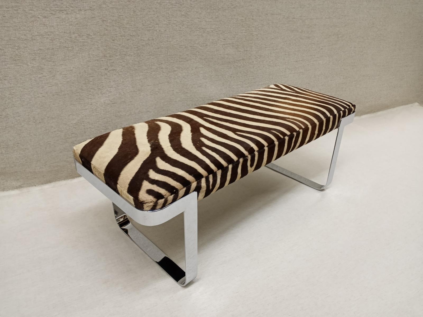 American Mid-Century Modern Chrome Bench by Tri Mark Newly Upholstered in Zebra Hide