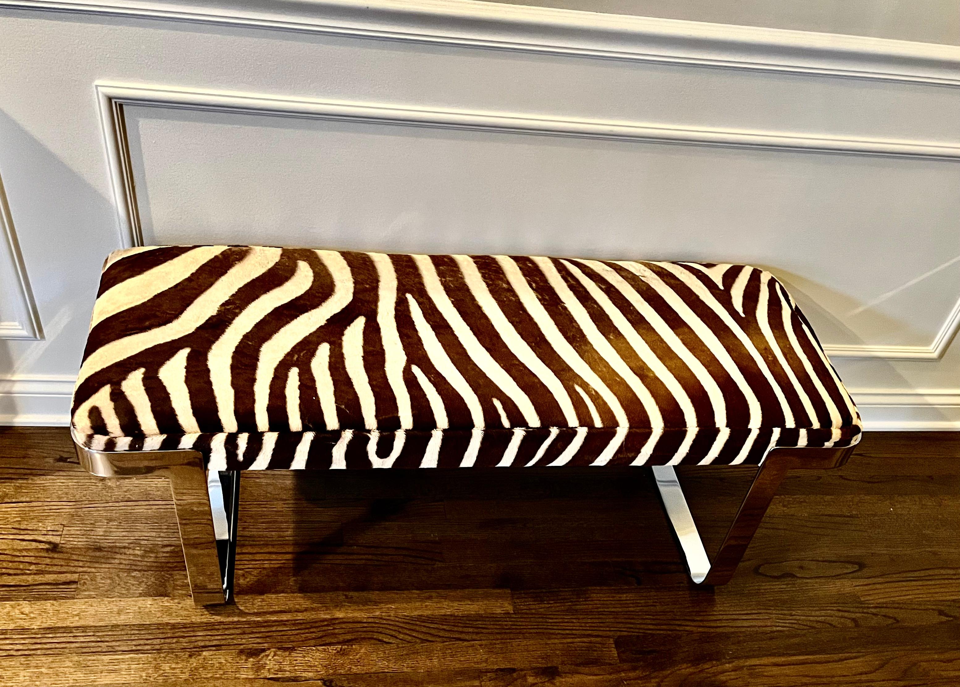 Mid-Century Modern Chrome Bench by Tri Mark Newly Upholstered in Zebra Hide In Excellent Condition In Chicago, IL