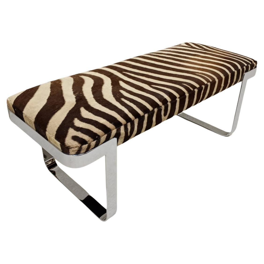 Mid-Century Modern Chrome Bench by Tri Mark Newly Upholstered in Zebra Hide